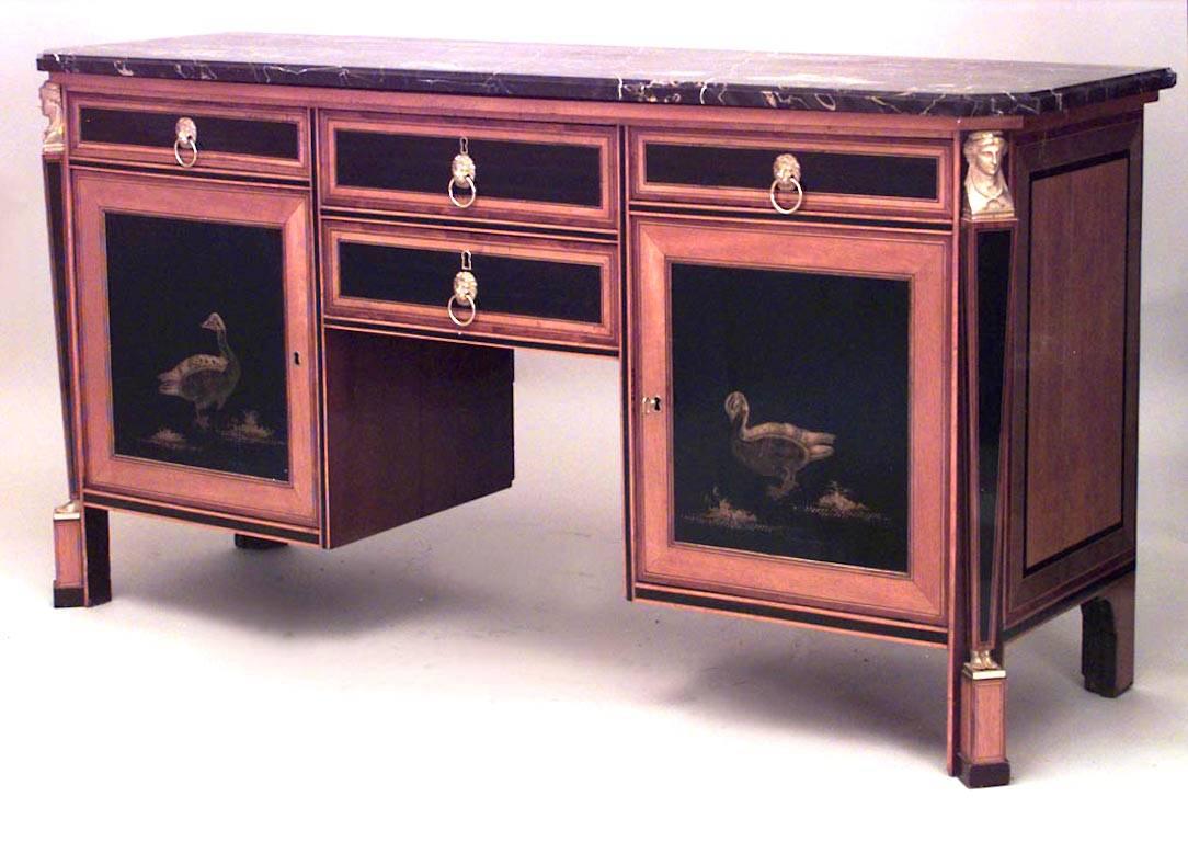 Continental Dutch (18/19th Century) satinwood sideboard with black lacquered decorated panels with 2 doors and 4 drawers with bronze caryatids and trim and black marble top.
