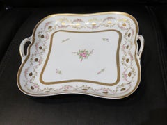 Important Early 1900s Floral Gold Leaf Large Limoges Porcelain Platter Tray