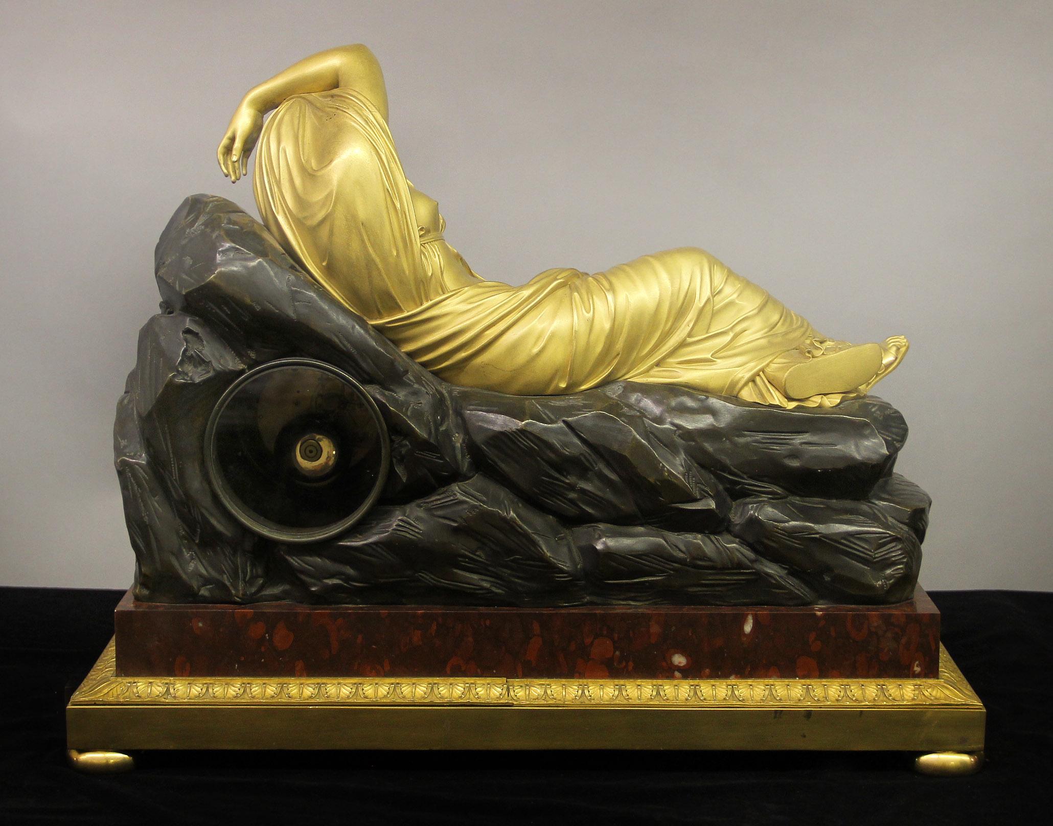 French Important Early 19th Century Bronze Figural Mantle Clock of Recumbent Cleopatra For Sale
