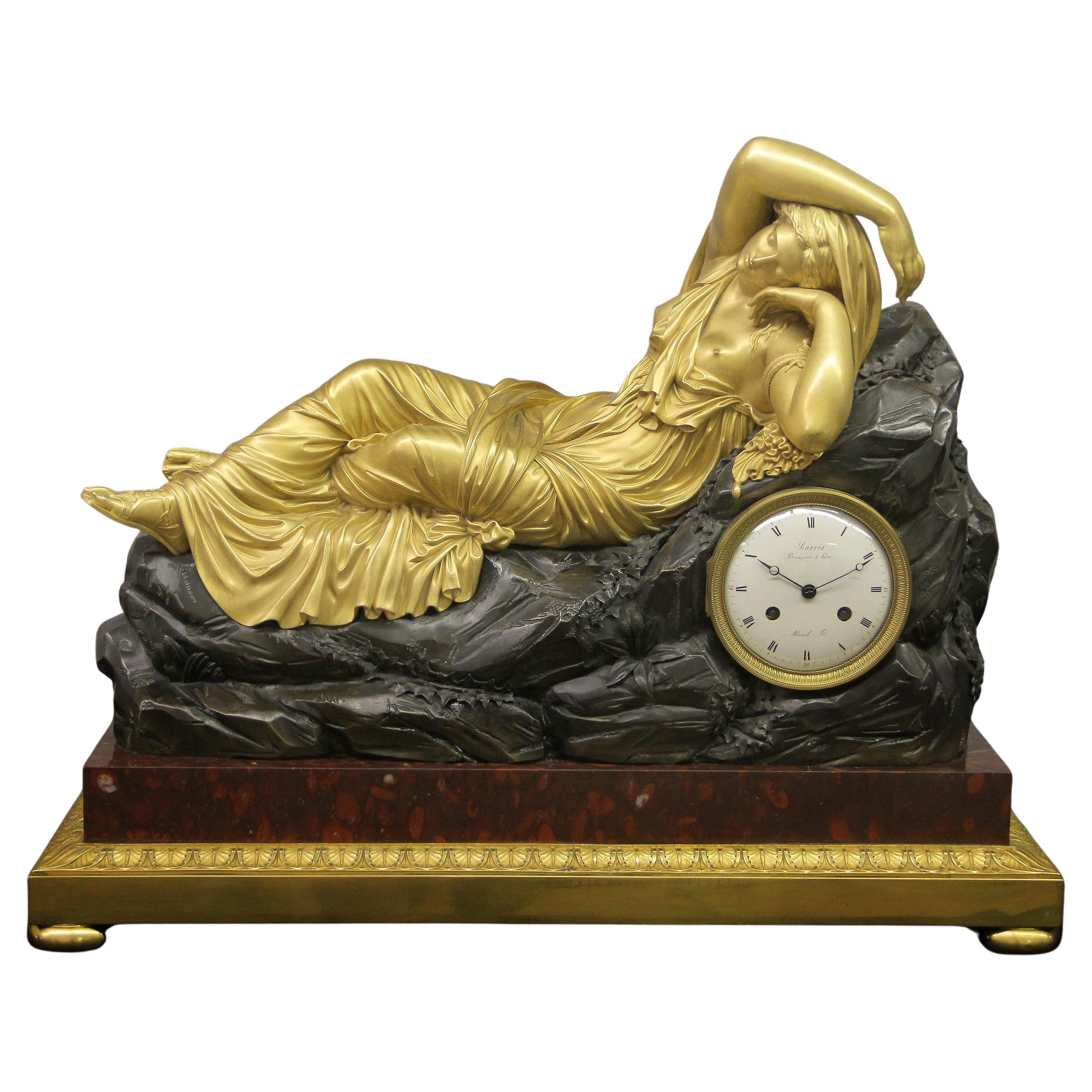 Important Early 19th Century Bronze Figural Mantle Clock of Recumbent Cleopatra For Sale