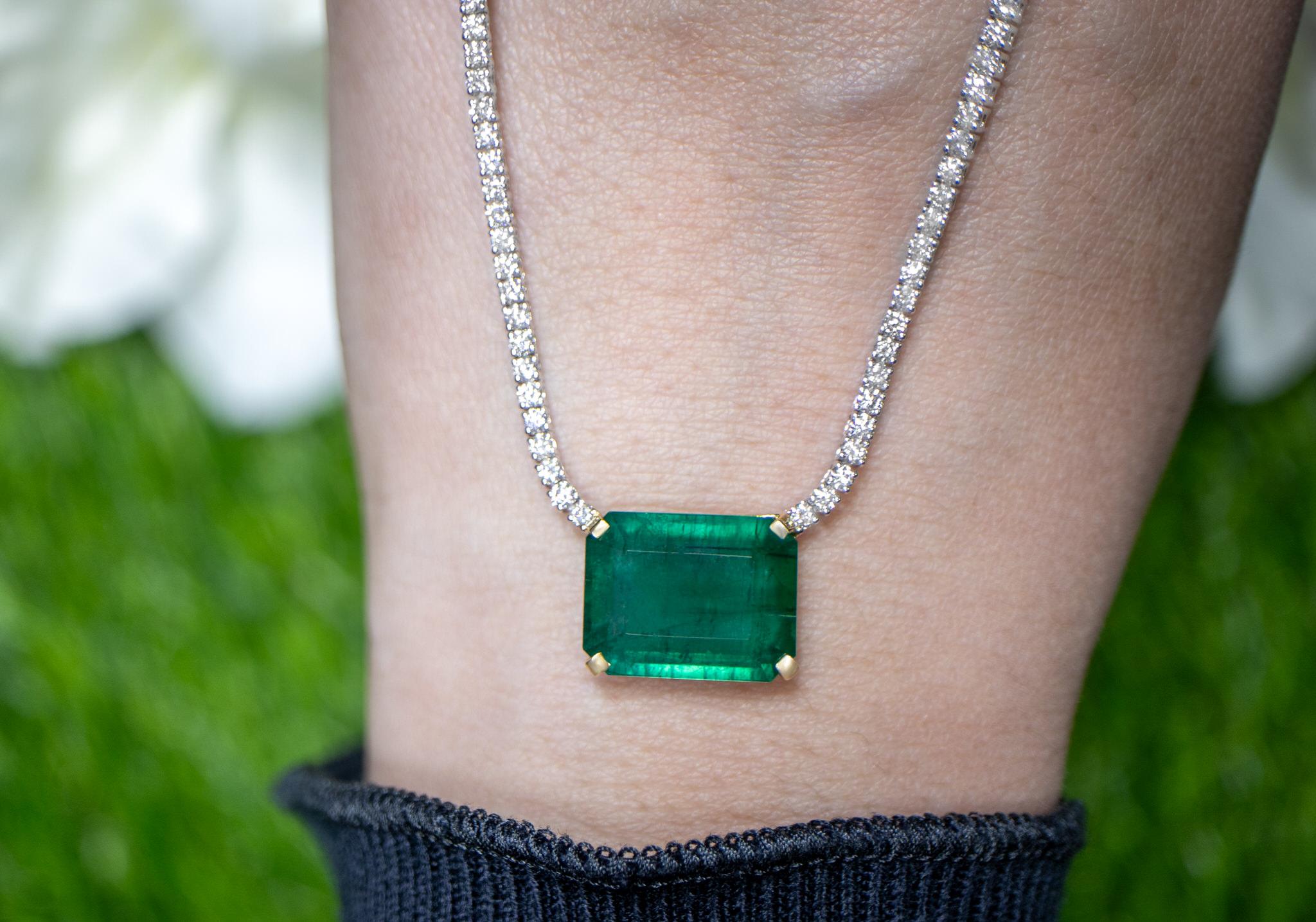 Emerald Cut Important Emerald Pendant With Diamond Necklace 13.2 Carats 18K Gold For Sale