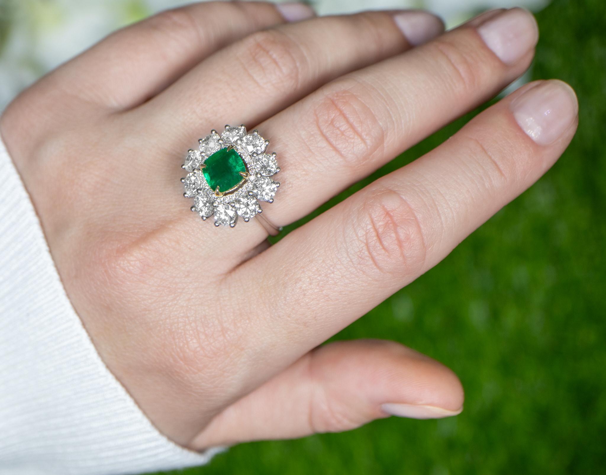 Art Deco Important Emerald Ring With Large Diamond Halo Setting 5.44 Carats 18K Gold For Sale