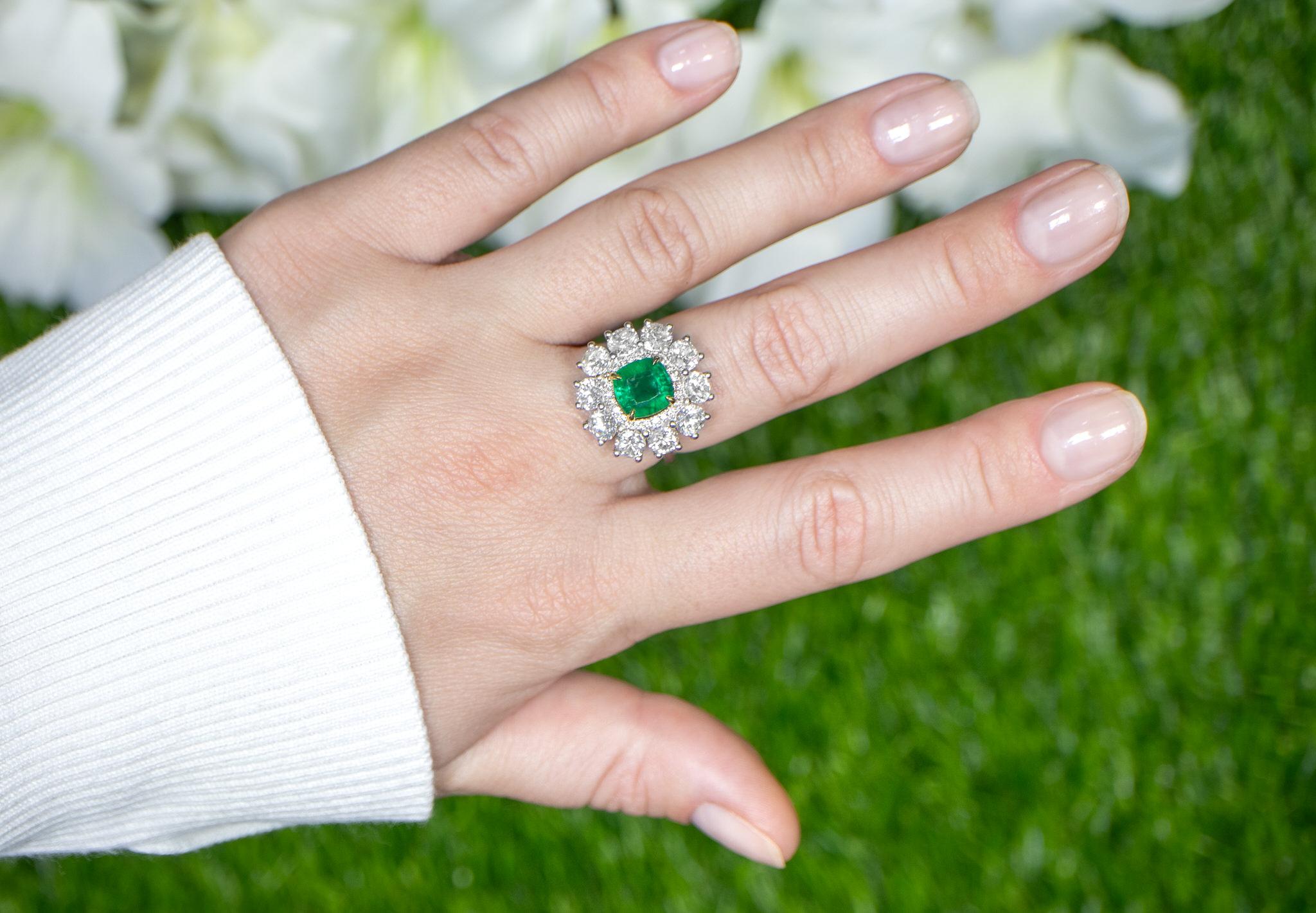 Cushion Cut Important Emerald Ring With Large Diamond Halo Setting 5.44 Carats 18K Gold For Sale