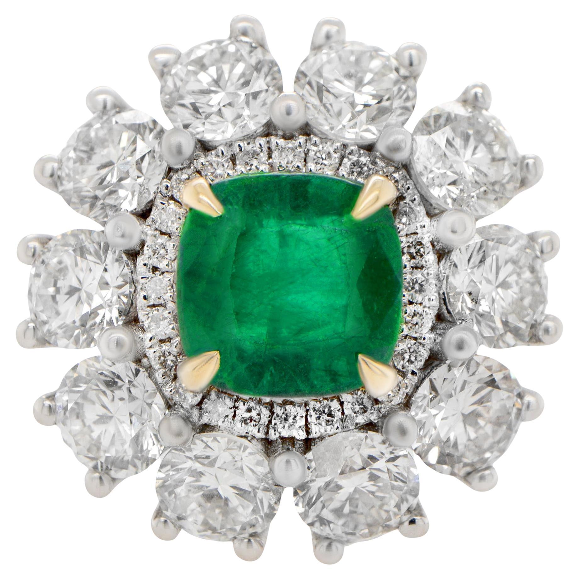 Important Emerald Ring With Large Diamond Halo Setting 5.44 Carats 18K Gold For Sale