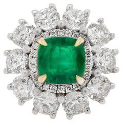 Important Emerald Ring With Large Diamond Halo Setting 5.44 Carats 18K Gold