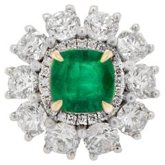 Important Emerald Ring With Large Diamond Halo Setting 5.44 Carats 18K Gold