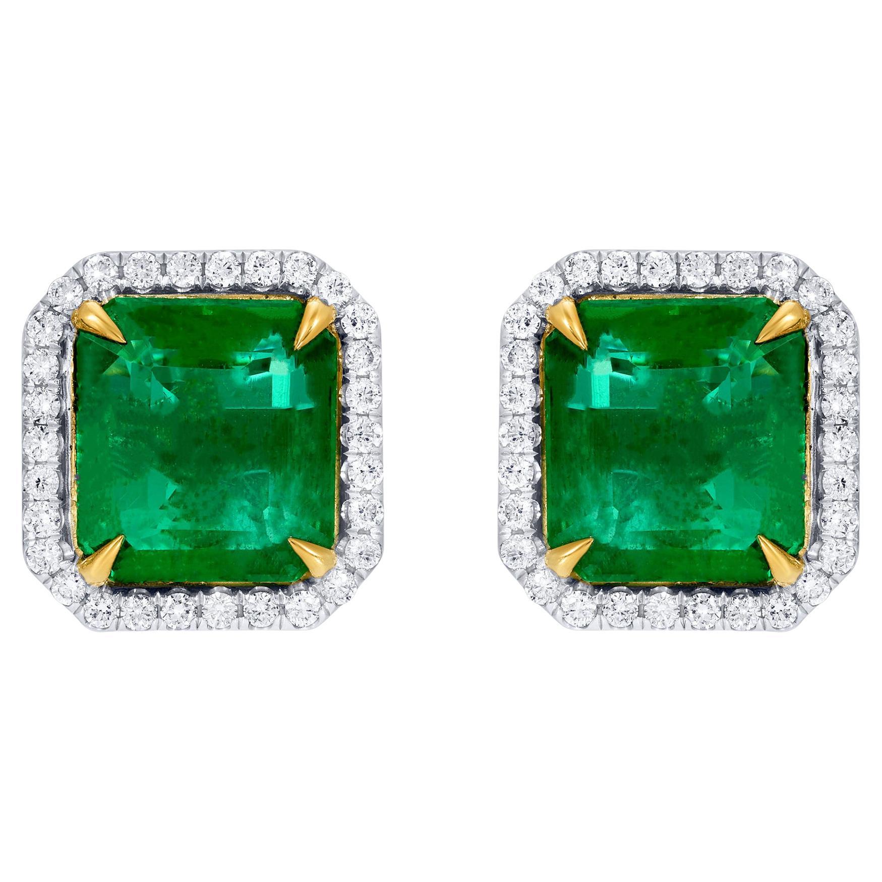 Important Emerald Stud Earrings Diamond Halo 7.5 Carats Total 18K Gold
