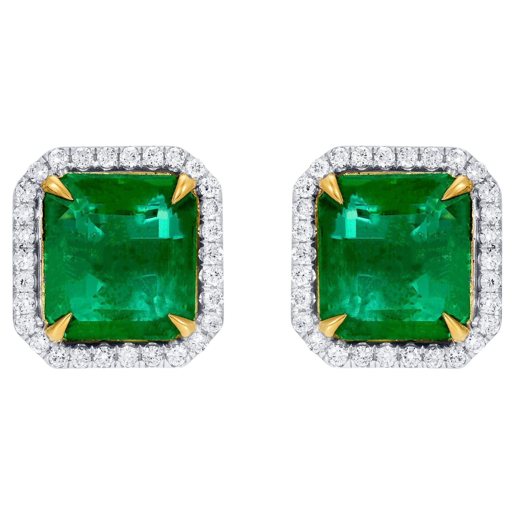 Important Emerald Stud Earrings Diamond Halo 7.5 Carats Total 18K Gold