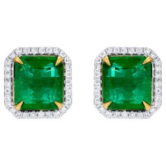 Important Emerald Stud Earrings Diamond Halo 7.5 Carats Total 18K Gold