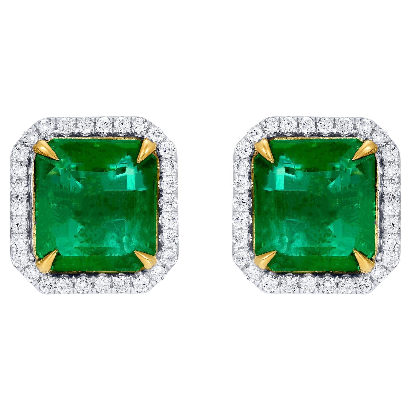 Important Emerald Stud Earrings Diamond Halo 7.5 Carats Total 18K Gold