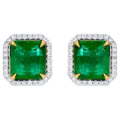 Important Emerald Stud Earrings Diamond Halo 7.5 Carats Total 18K Gold