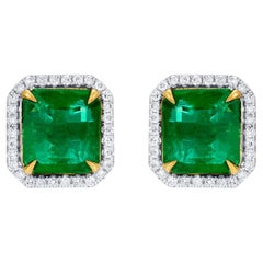 Important Emerald Stud Earrings Diamond Halo 7.5 Carats Total 18K Gold