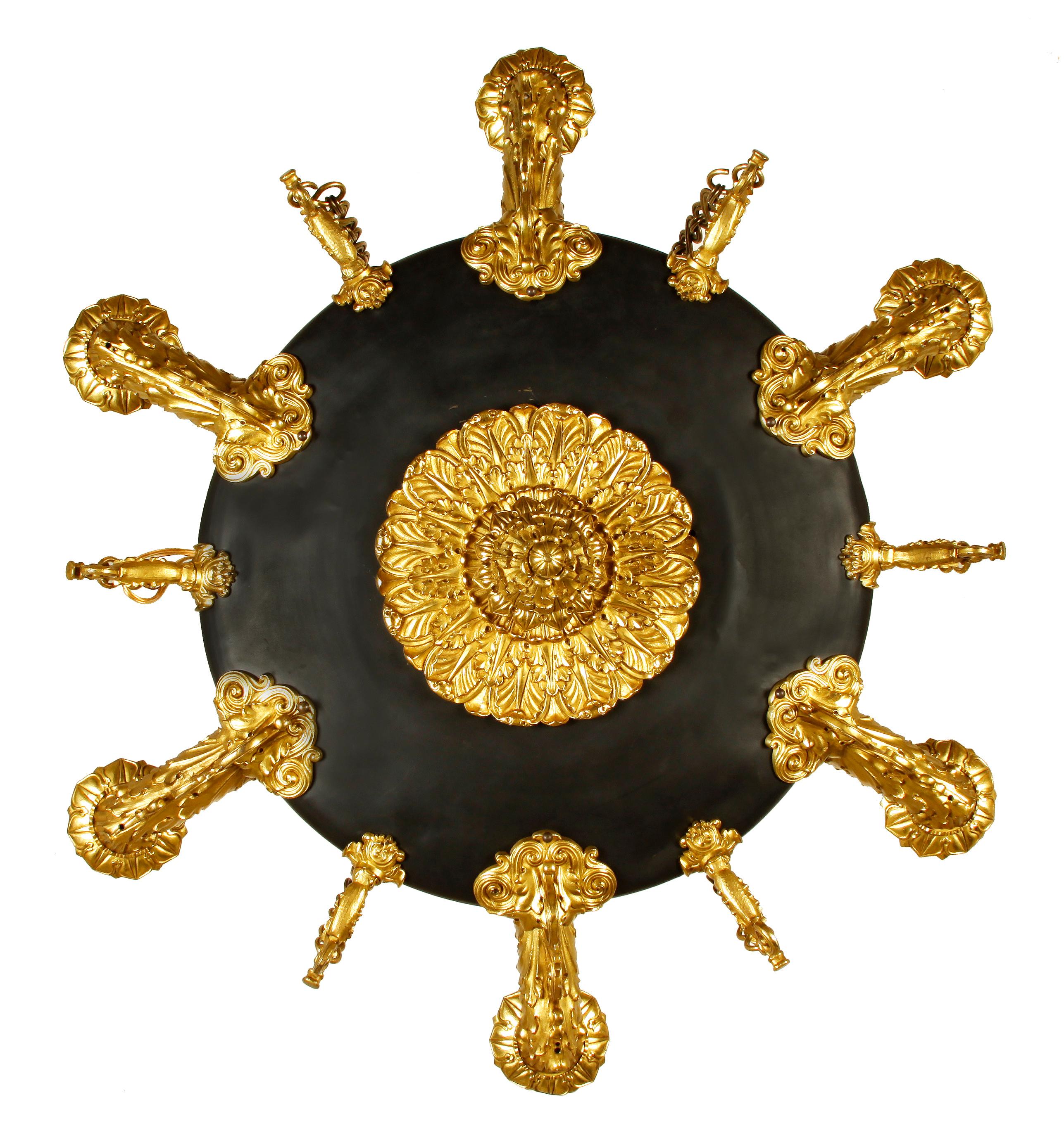 Important Empire ormolu six arm chandelier, black with gold arms and details