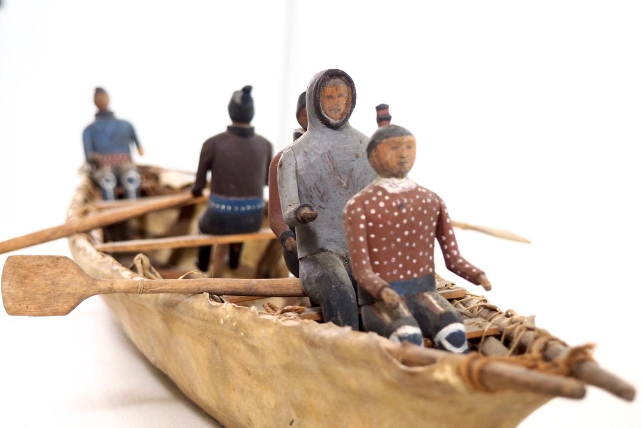 Greenlandic Important Eskimo Miniature Boat, with Carved and Original Painted Wood Figures