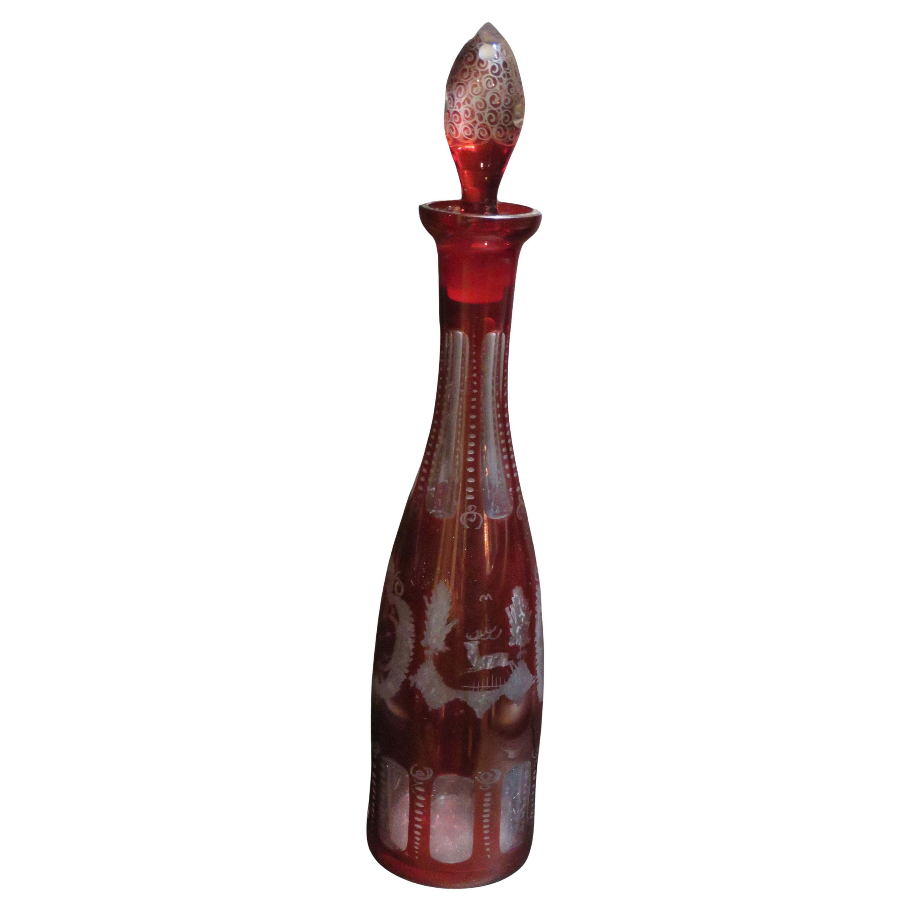 Important Estate 19TH Century Cranberry Crystal Etched Glass Decanter Bottle For Sale