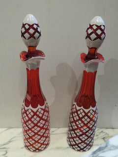 Important Estate 19TH Century Cranberry Red White Crystal Glass Decanter Bottles