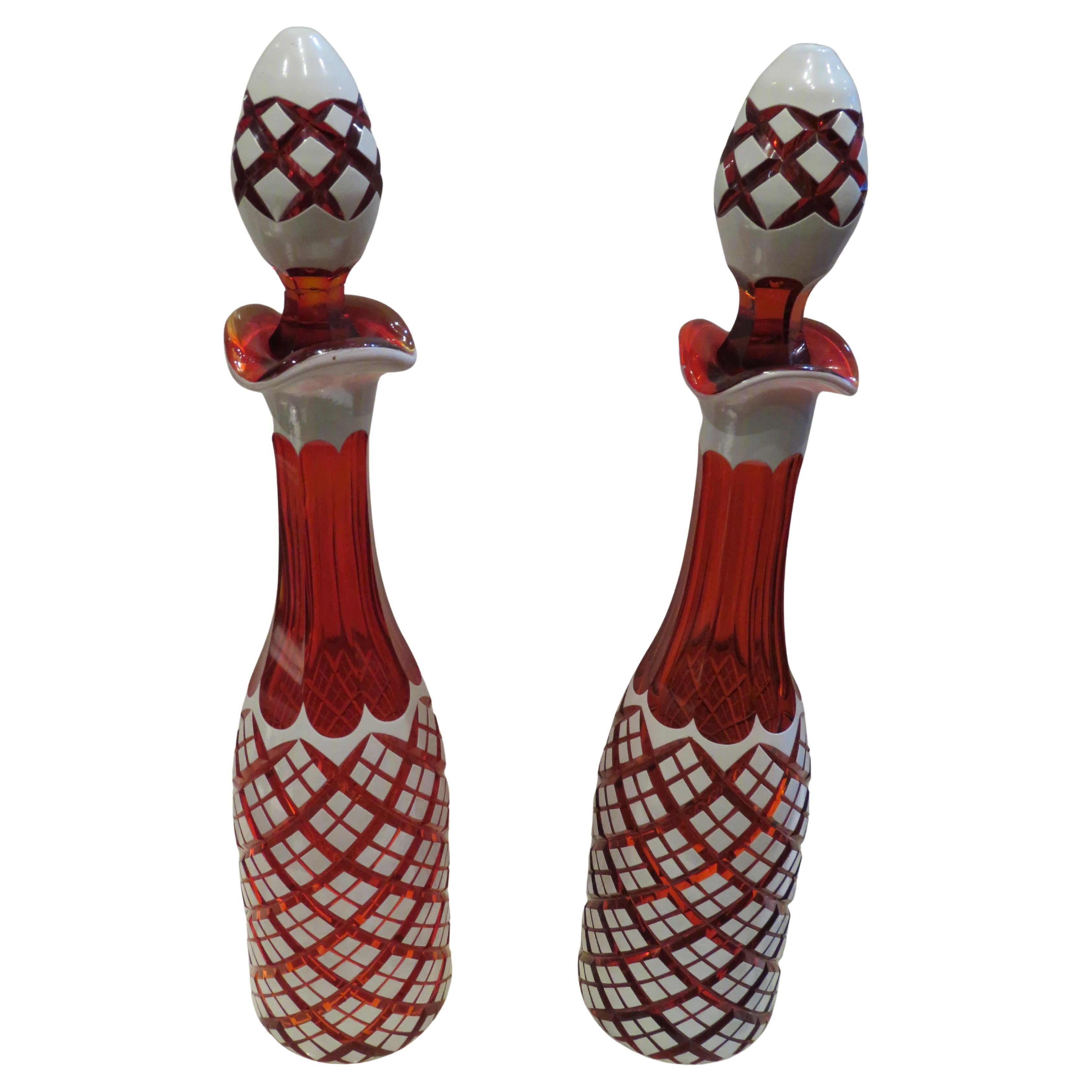 Important Estate 19TH Century Cranberry Red White Crystal Glass Decanter Bottles