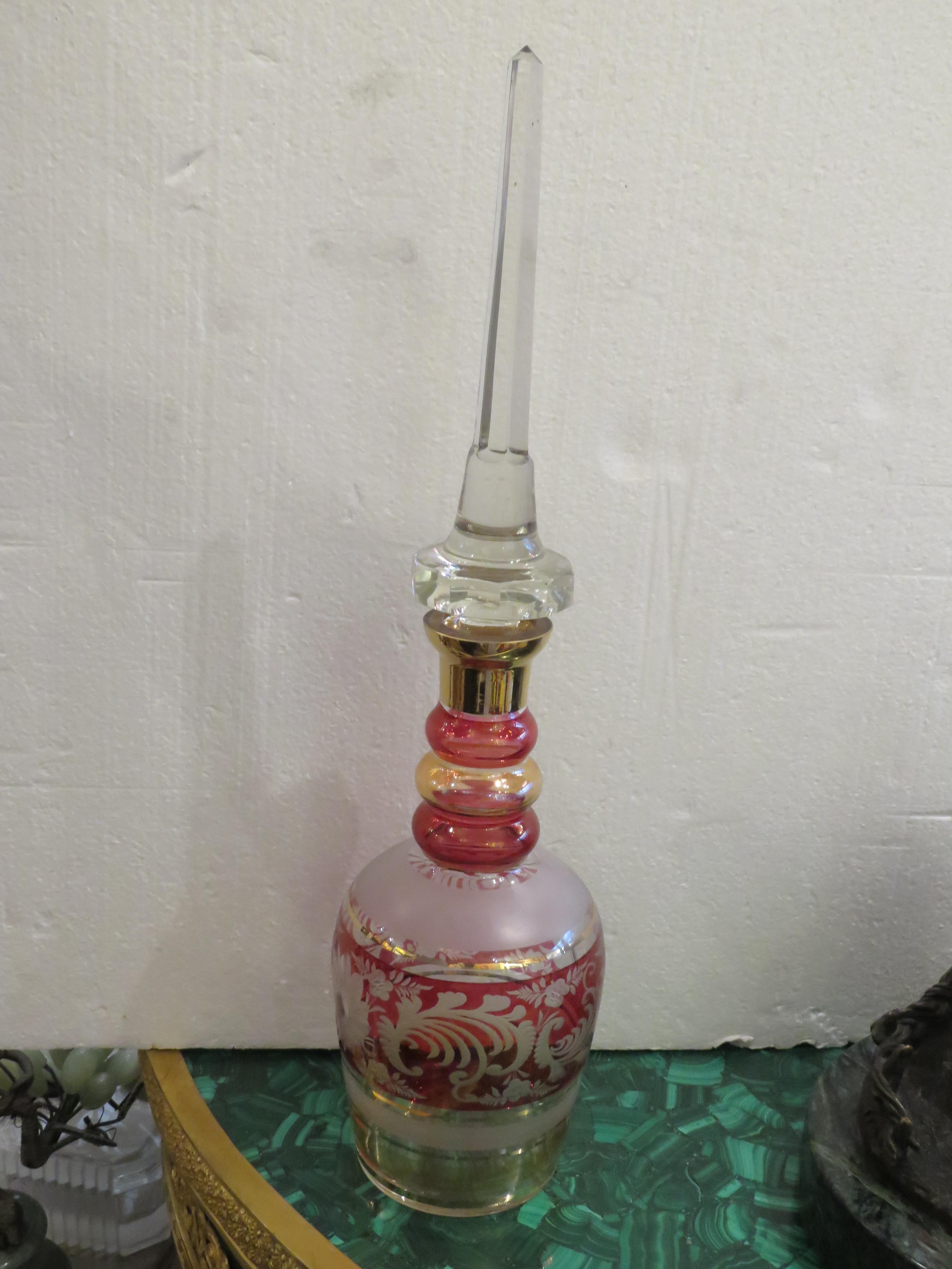 The Following Item we are offering is a Rare Estate 19th Century Qajar Family Style Ruby and Clear Glass Decanter with Etched Detail. Beautifully done with a Tall Murano Crystal Bottle Top Prism.  TAKEN OUT OF A GRAND NEW YORK CITY COLLECTION.  A