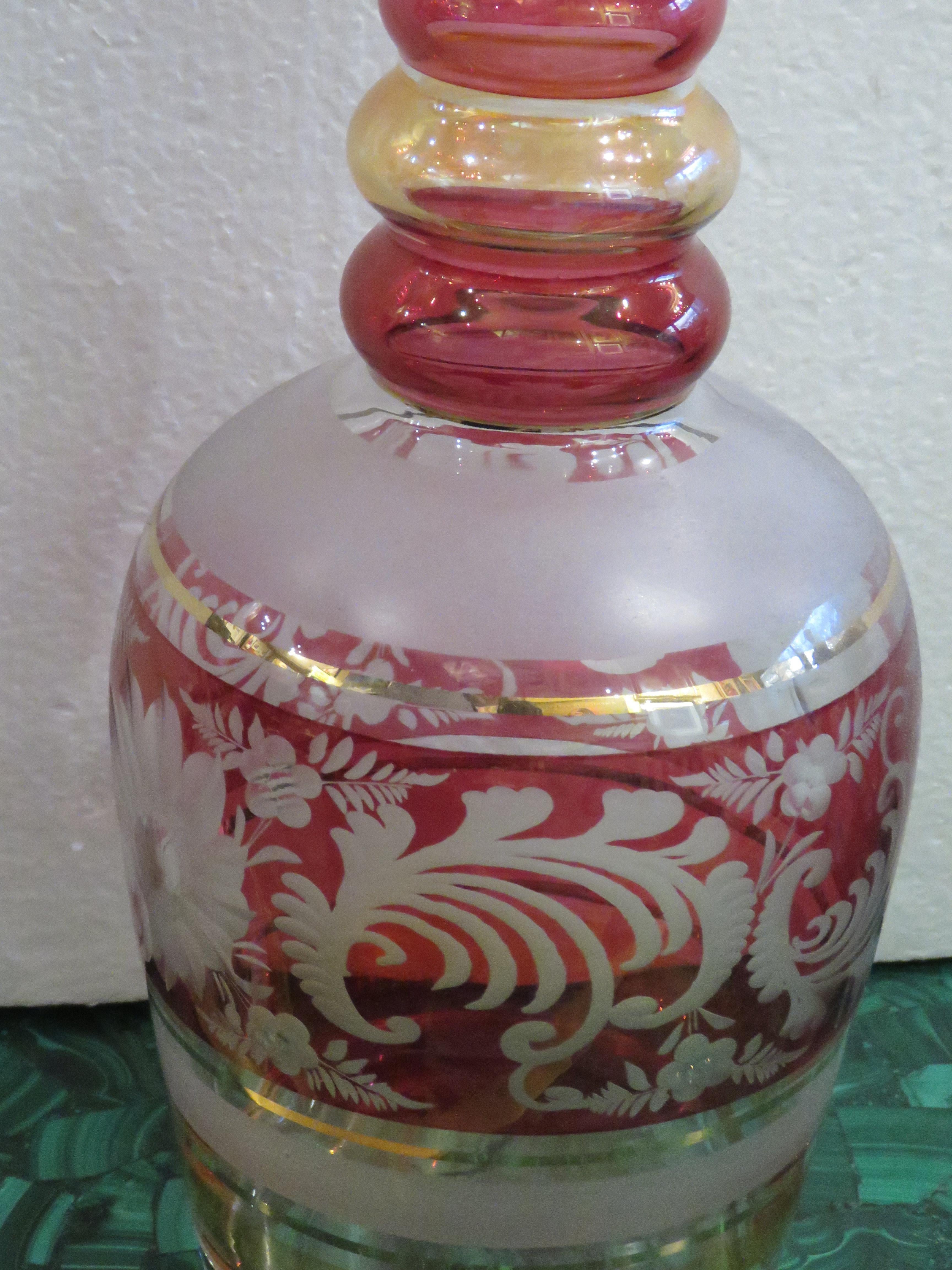 Important Estate 19TH Century Persian Etched Colored Glass Decanter Bottle In Good Condition For Sale In New York, NY