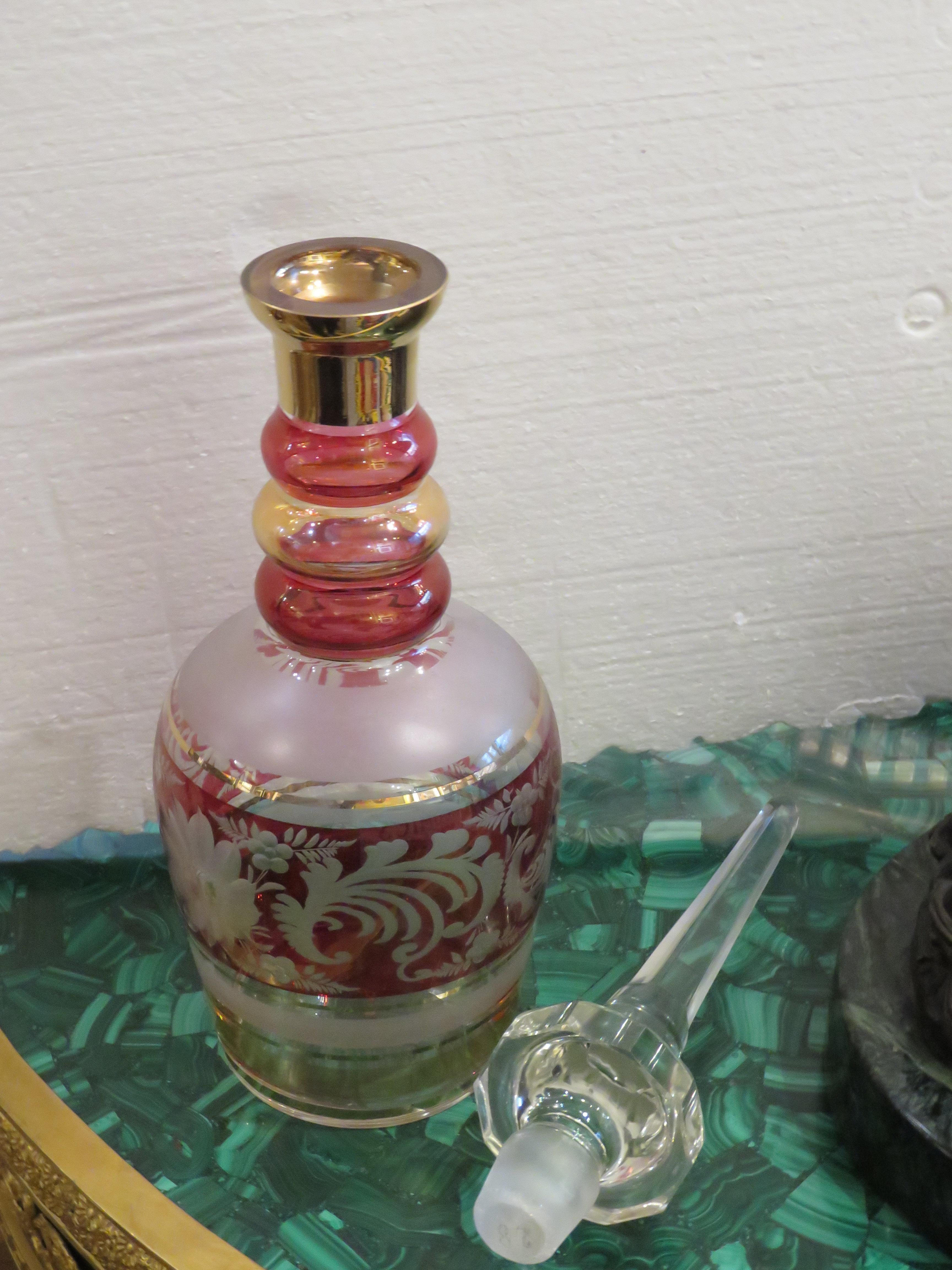 19th Century Important Estate 19TH Century Persian Etched Colored Glass Decanter Bottle For Sale