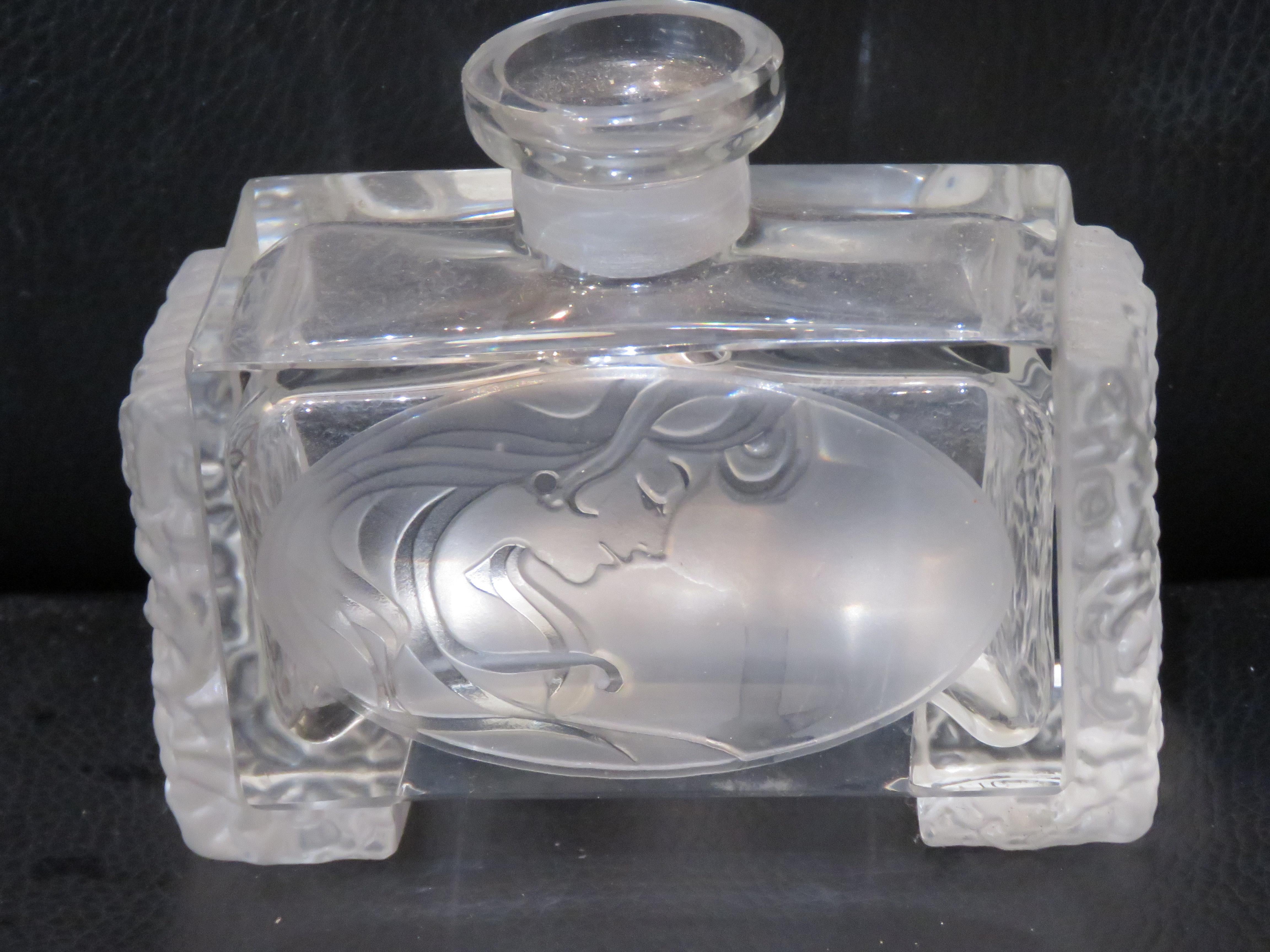 The Following Item we are offering is a Rare Art Deco Style Czechoslovakian Perfume Bottle Bottom. Bottle features  Beautiful Frosted Woman in Front  and Beautiful Frosted Flowers on sized. Stamped on bottom. Exquisitely done with Outstanding Detail