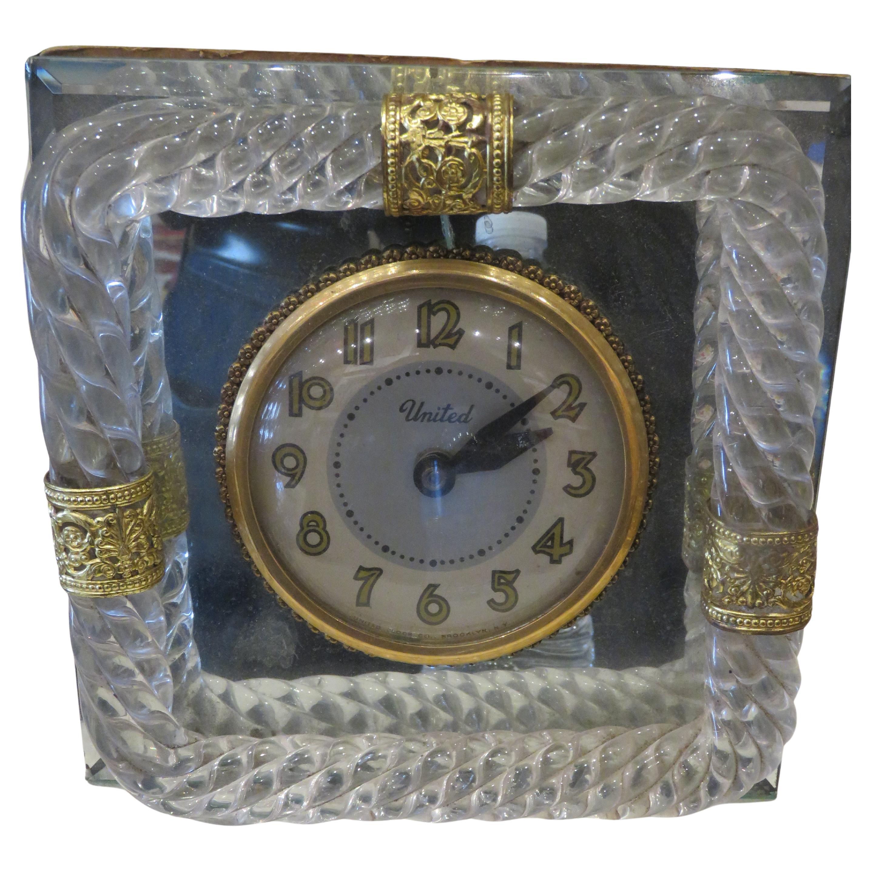 Important Estate Early 1940s Venetian Glass Clock Mirror United Metal Goods Inc. For Sale