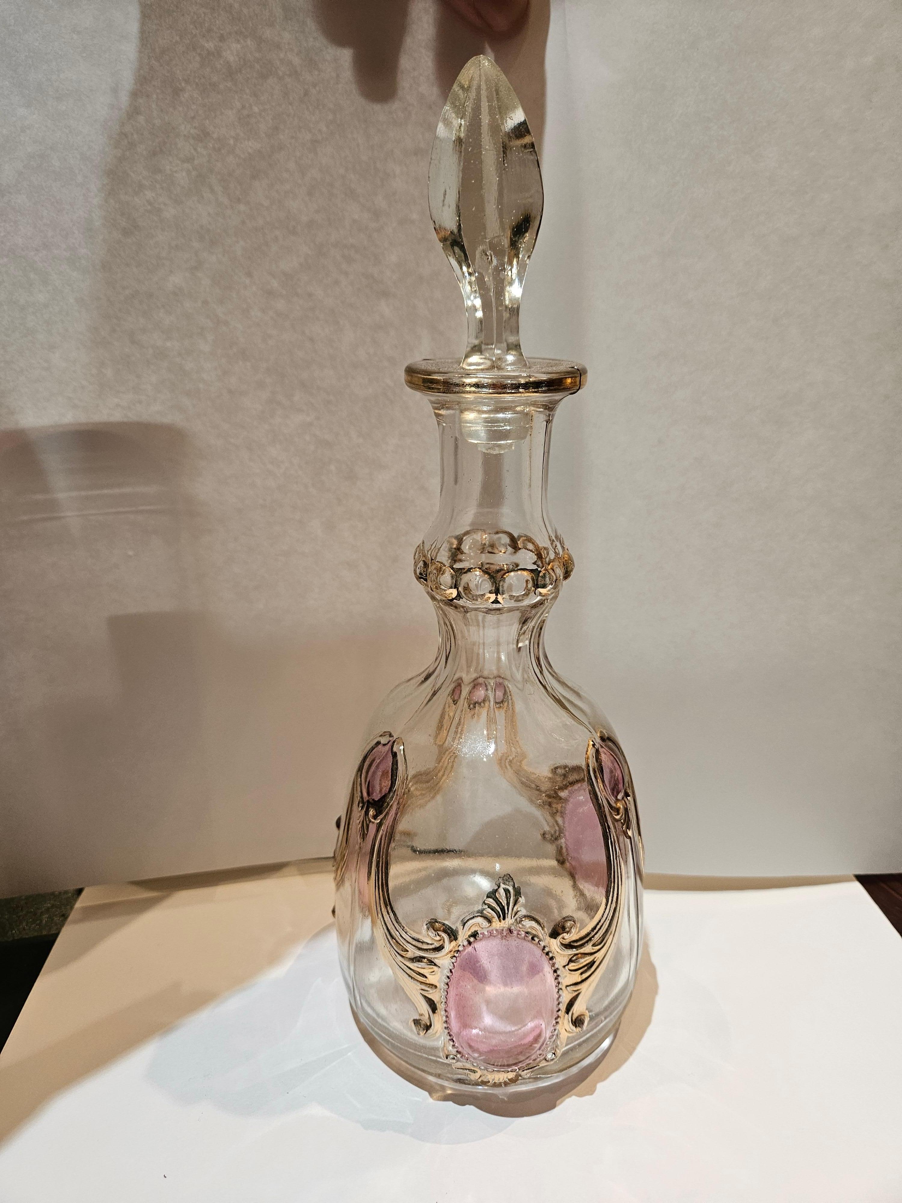 French Important Estate Italian Pink and Gold Colored Glass Decanter Bottle For Sale