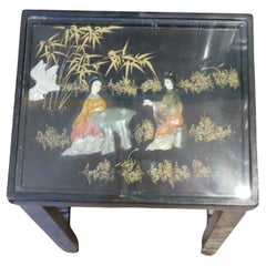 Vintage Important Estate Mother of Pearl Precious Stone Estate Carved Wooden Asian Table