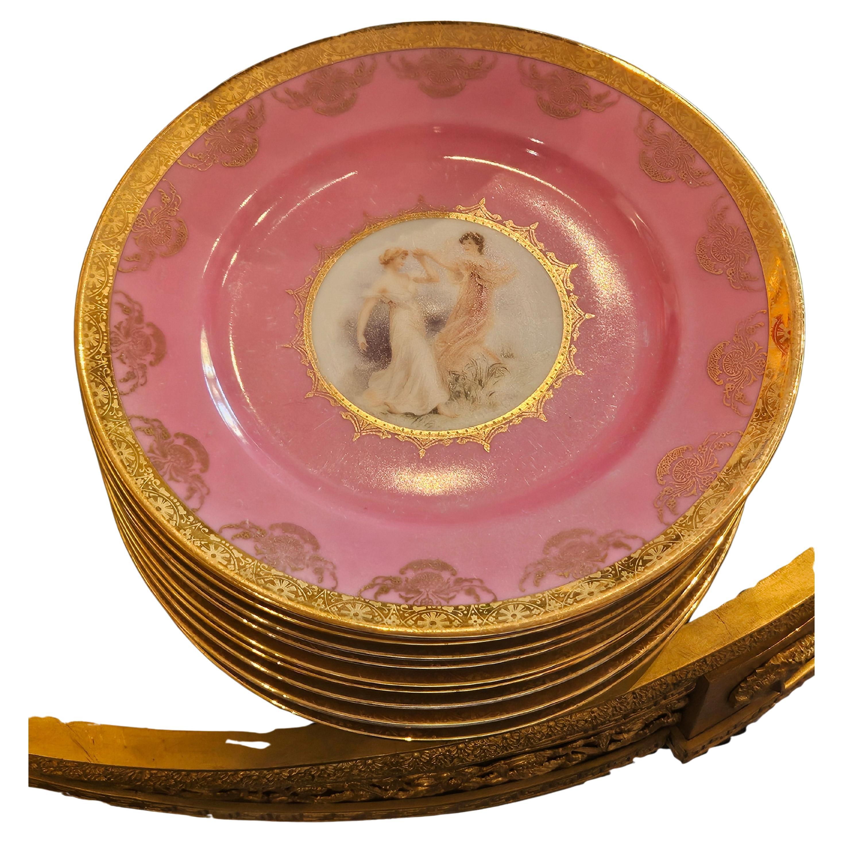 Wichtige Nachlass Satz von 10 gemalt Rosa Porzellan Heinrich Teller 24KT Goldrand im Angebot