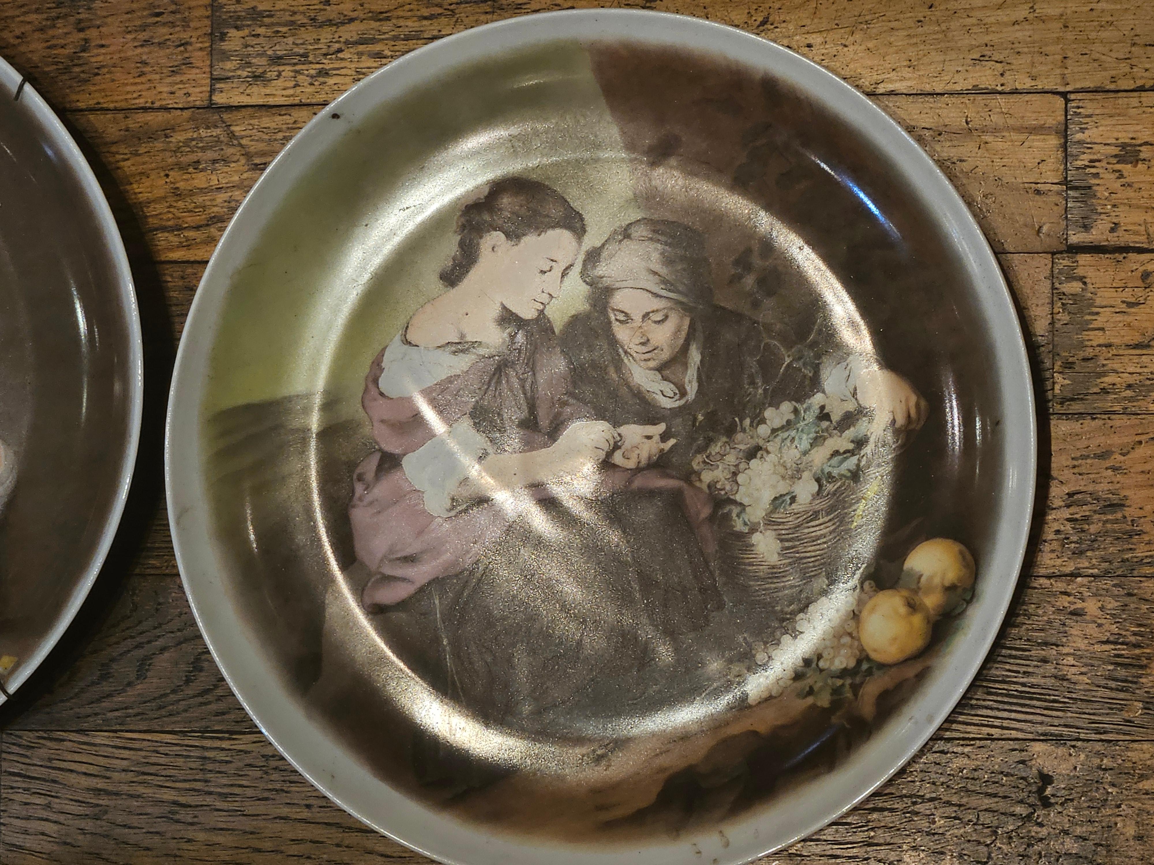 Swiss Important Estate Set of 3 Painted Porcelain Esteban Murillo Dish Plate Chargers For Sale