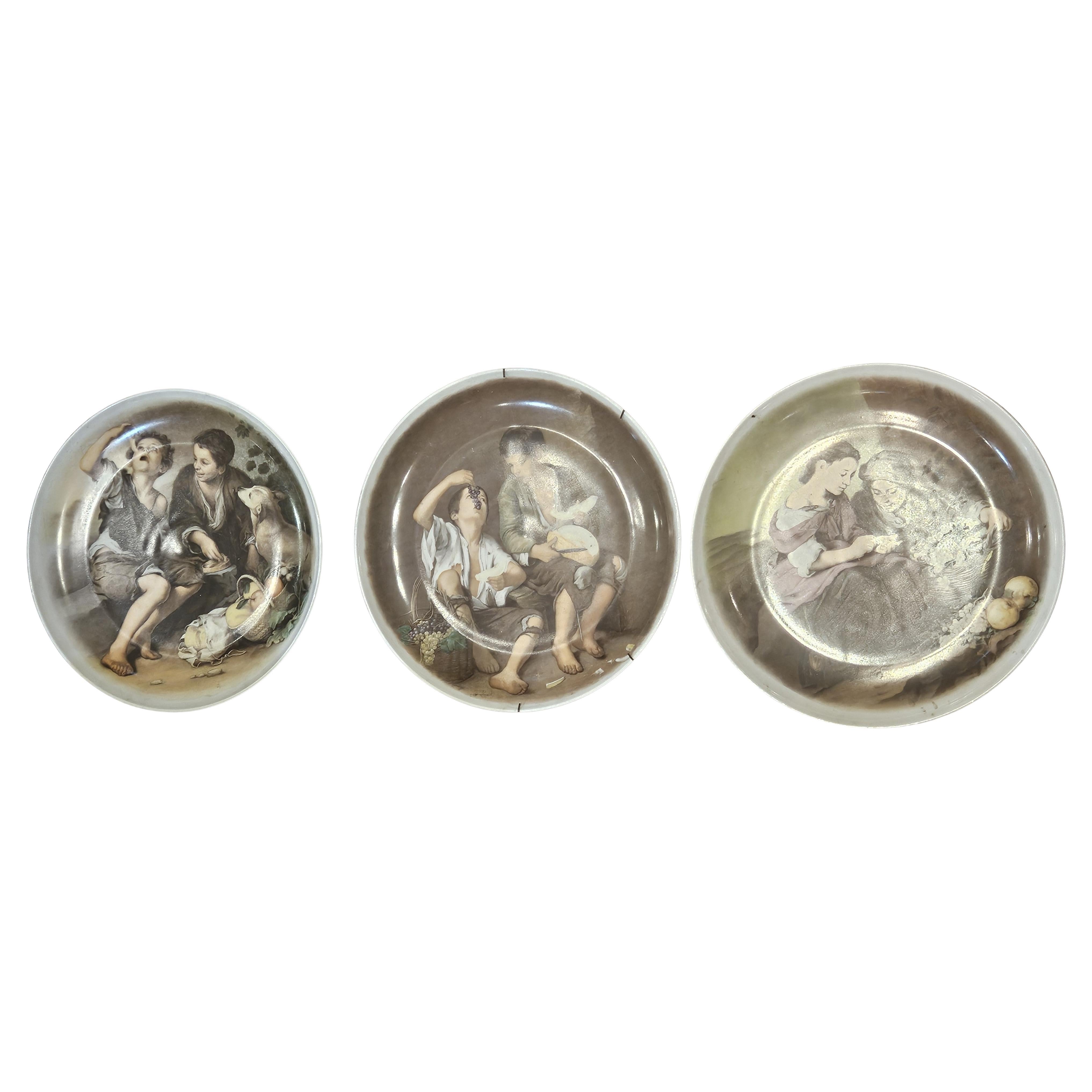 Important Estate Set of 3 Painted Porcelain Esteban Murillo Dish Plate Chargers For Sale