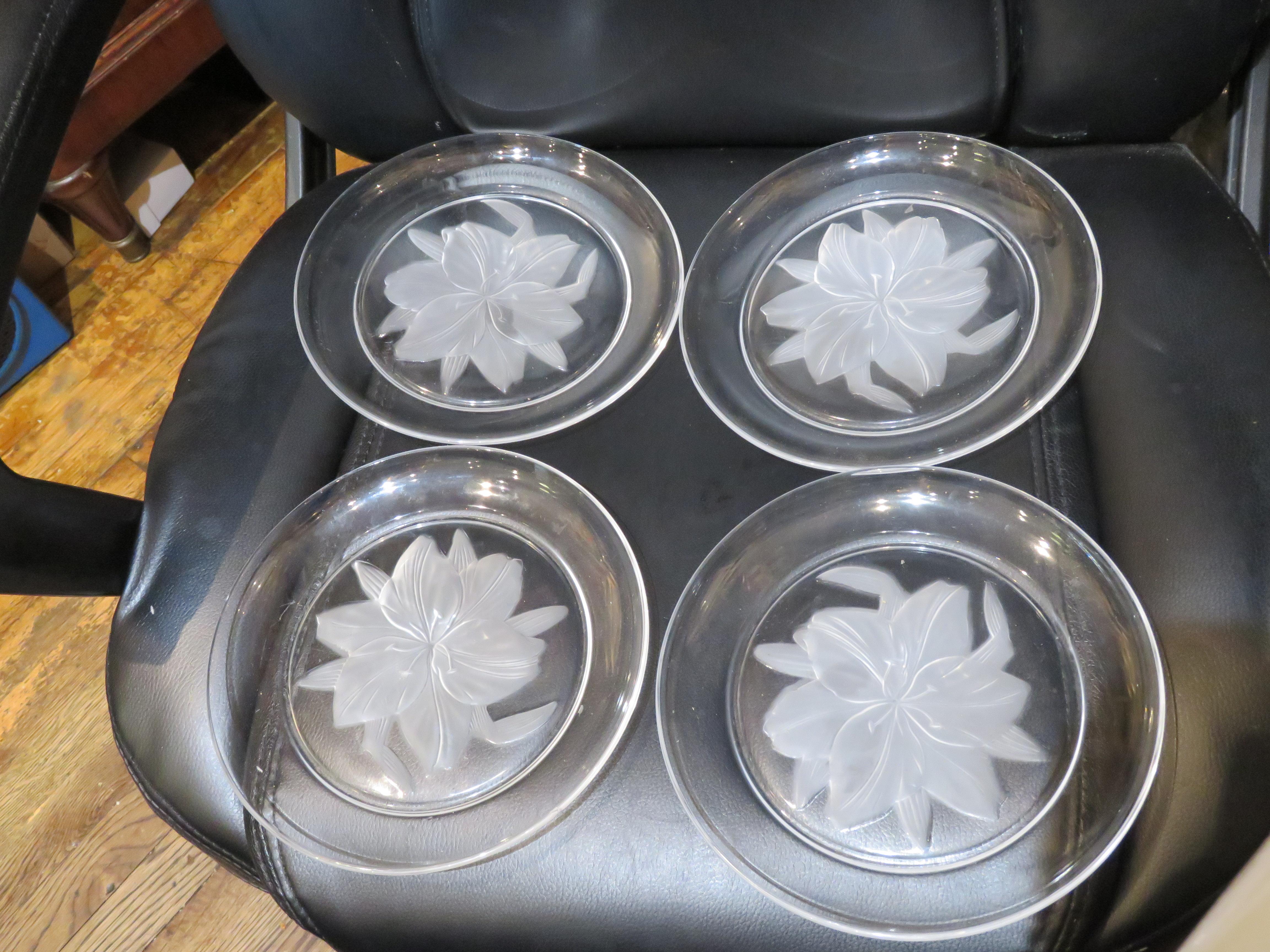 The Following Items we are offering is an Important Set of 4 Lalique Style Estate Frosted Glass Floral Flower Plates. Taken out of an Important Family Several Million Dollar Brooklyn, NY Estates. Beautifully done with Fine Quality and Detail. In