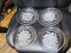 Important Estate Set of French Style 4 Frosted Etched Glass Floral Flower Plates