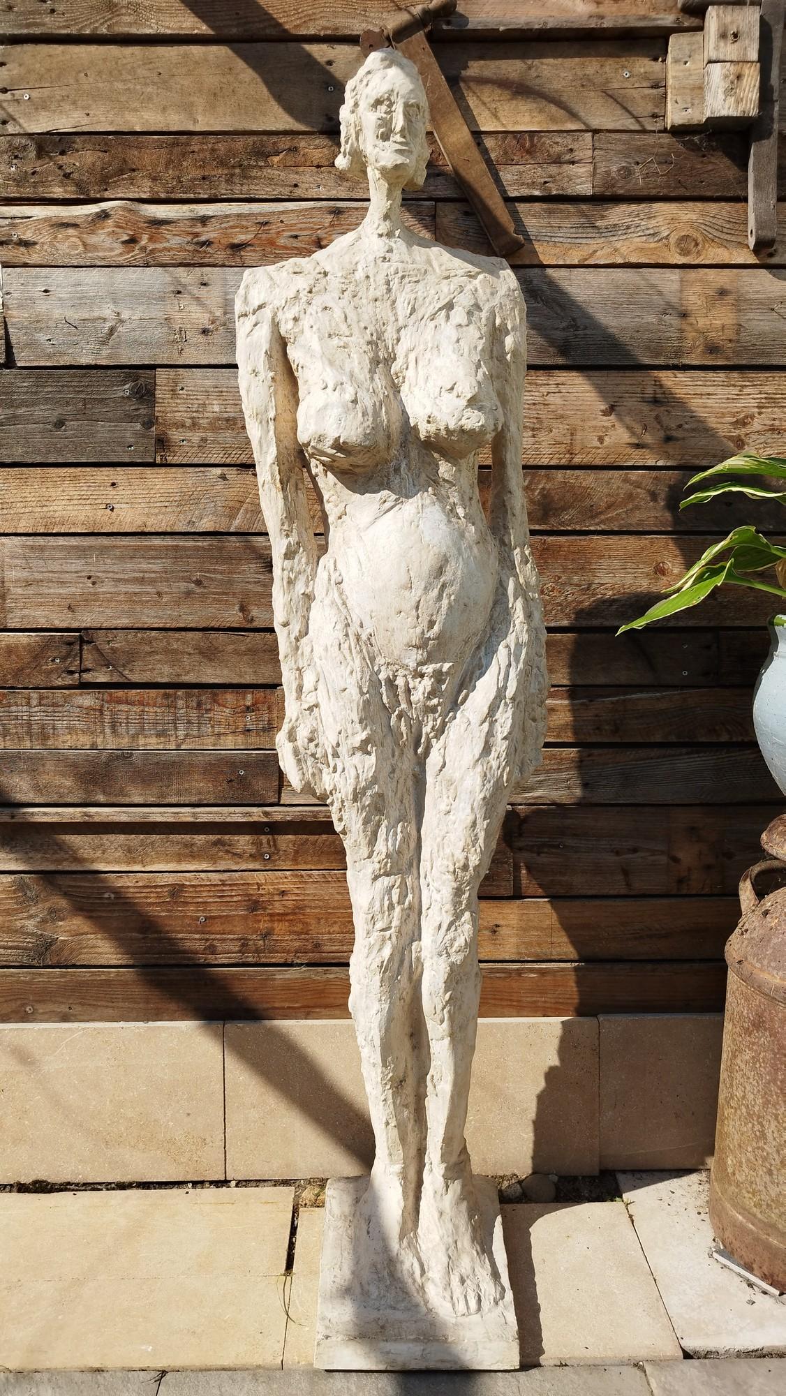 Unique, large-scale, hand-crafted fiberglass statue from the 70's in France, unsigned.
It's existentialist manner is reminiscent of the works by Alberto Giacometti, Robert Couturier, and Germaine Richier. The rough-hewn texture reveals several