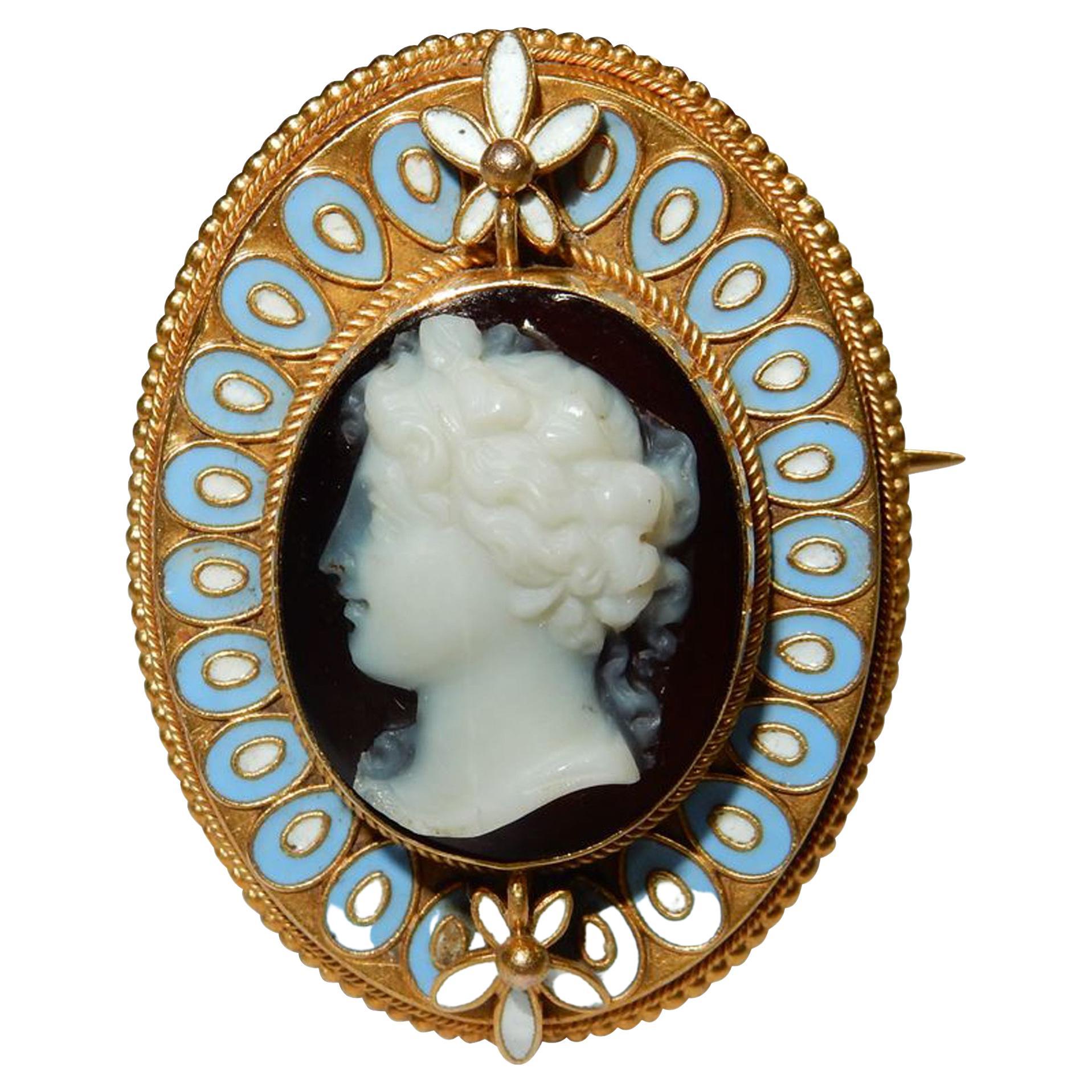 Important Exquisite Rare Antique Hardstone Gold & Enamel Cameo Brooch For Sale
