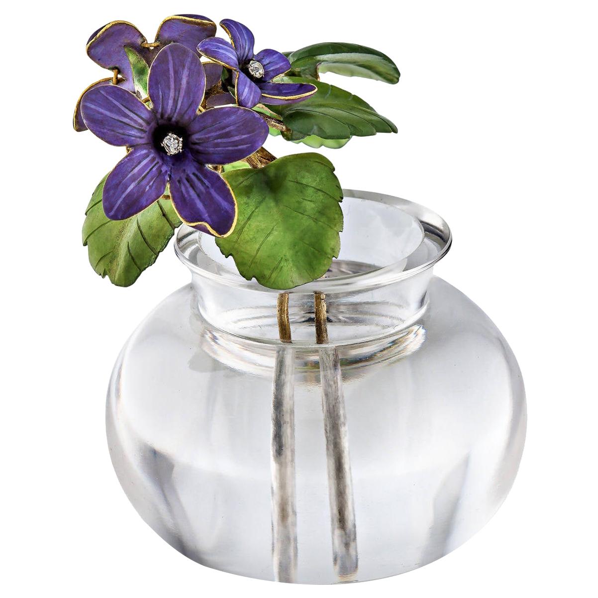 Important Faberge Diamond Gold Enamel Violets in Rock Crystal Vase