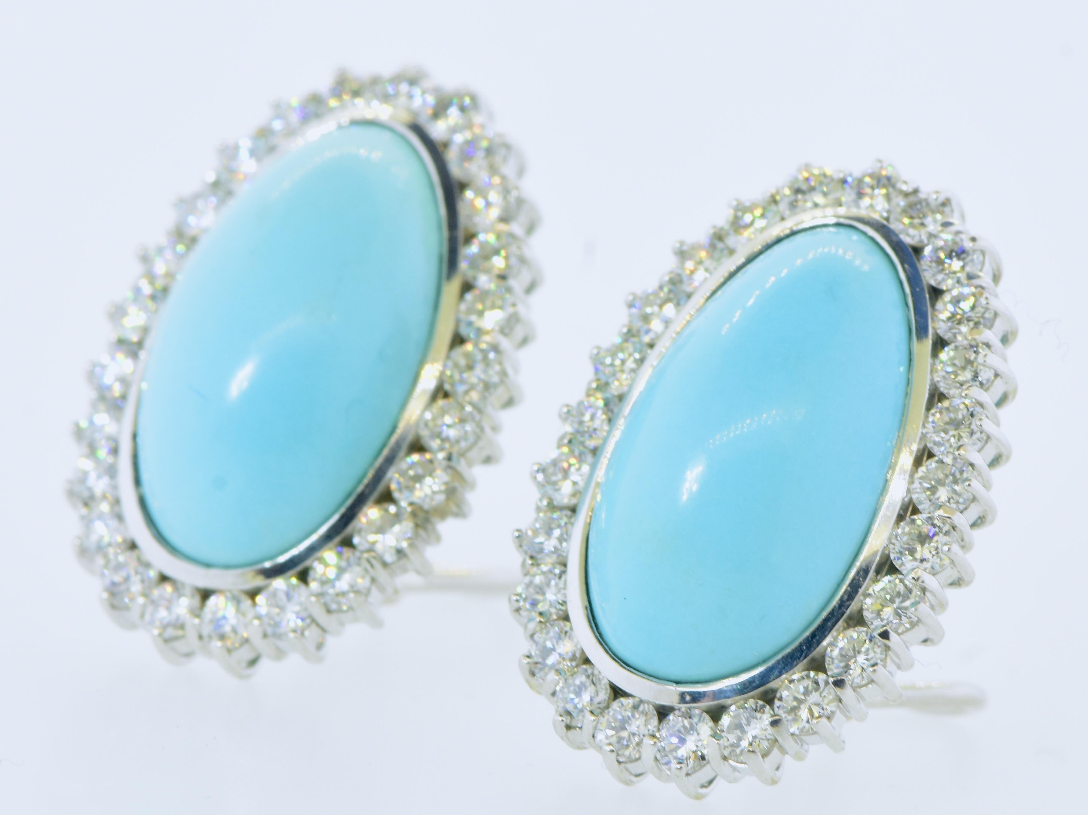 Women's or Men's Important Fine Turquoise & 5.19 cts of Diamonds 18K White Gold Vintage Earrings For Sale