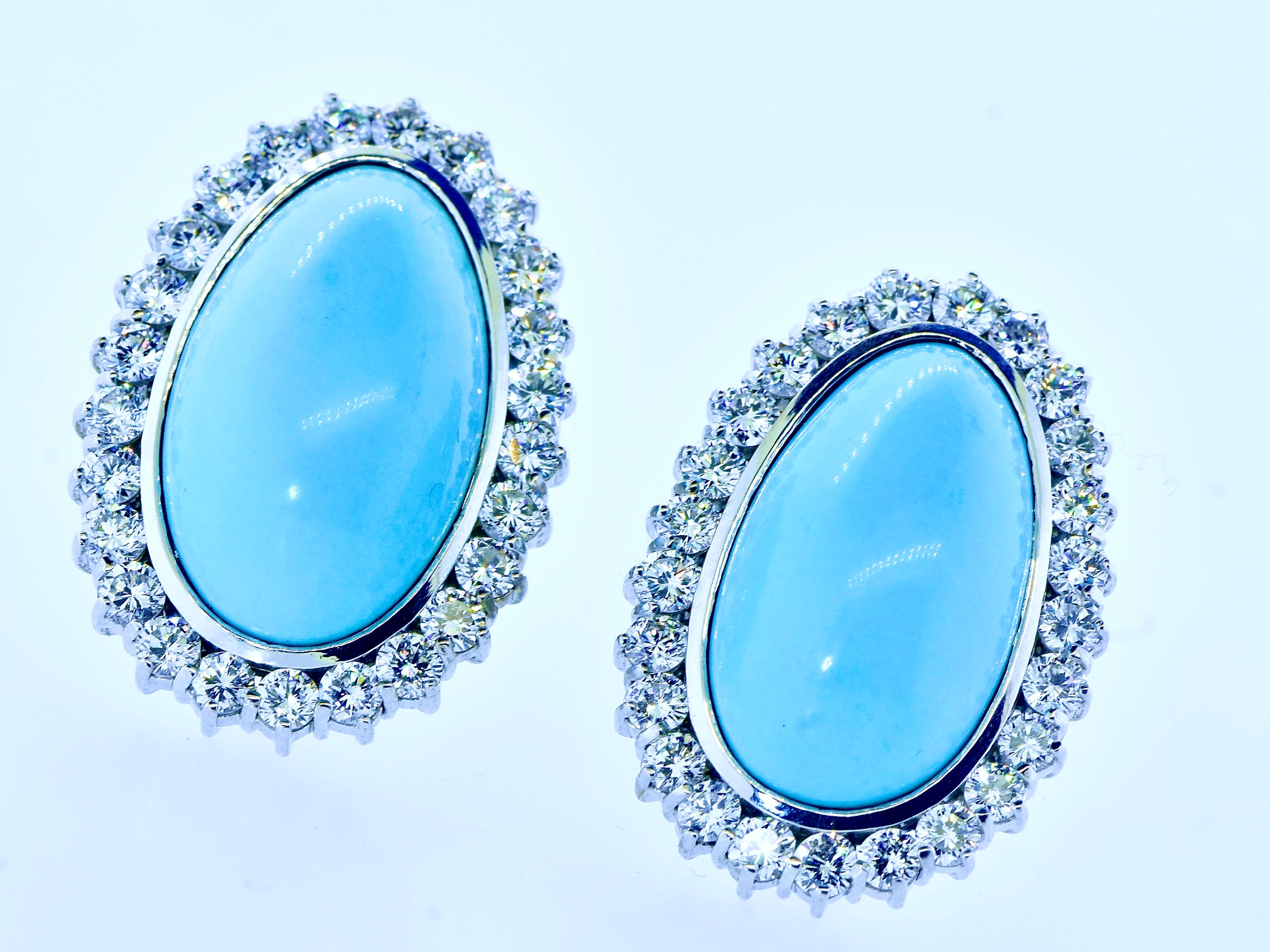 Cabochon Important Fine Turquoise & 5.19 cts of Diamonds 18K White Gold Vintage Earrings For Sale