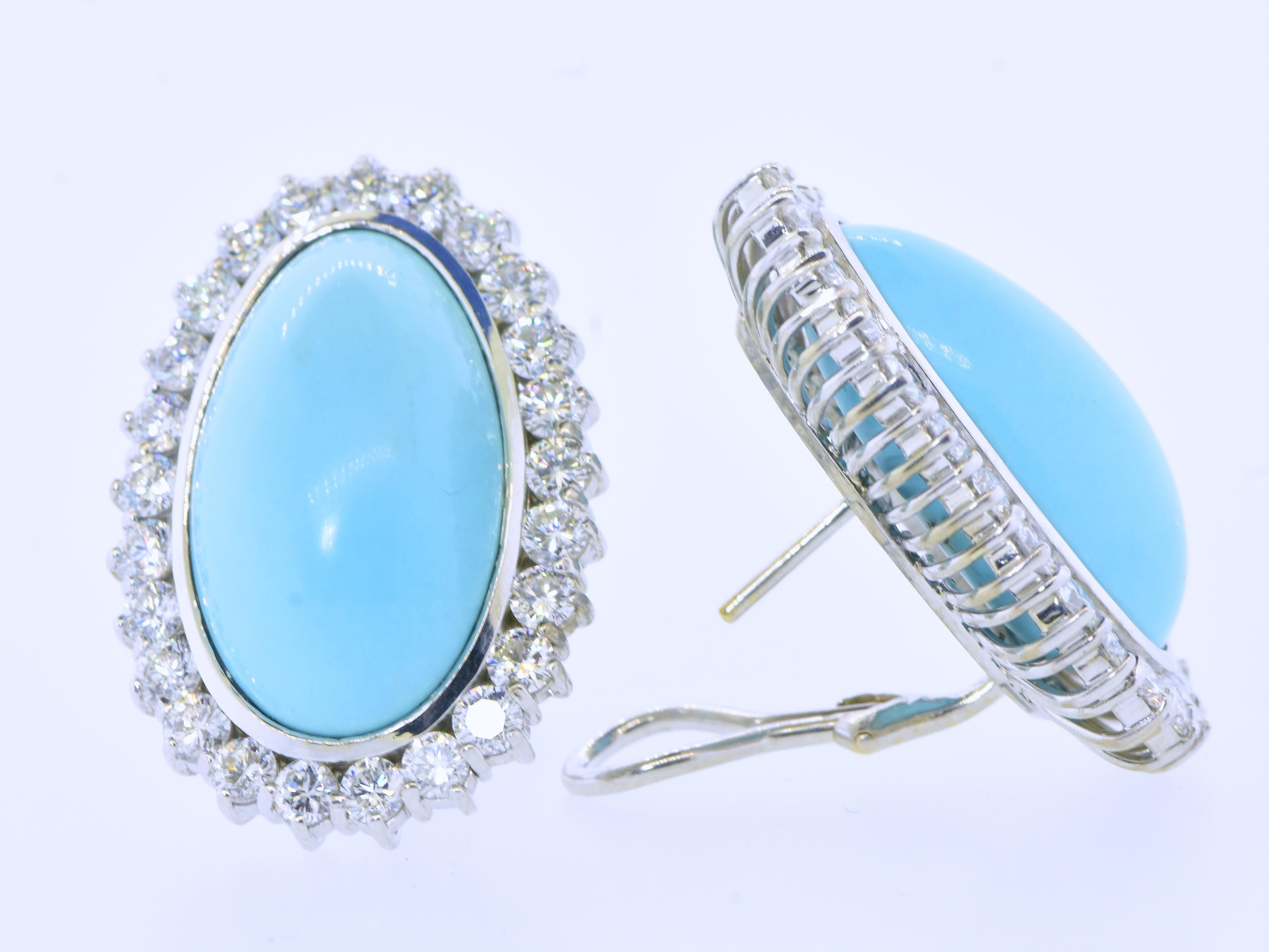 Important Fine Turquoise & 5.19 cts of Diamonds 18K White Gold Vintage Earrings For Sale 1