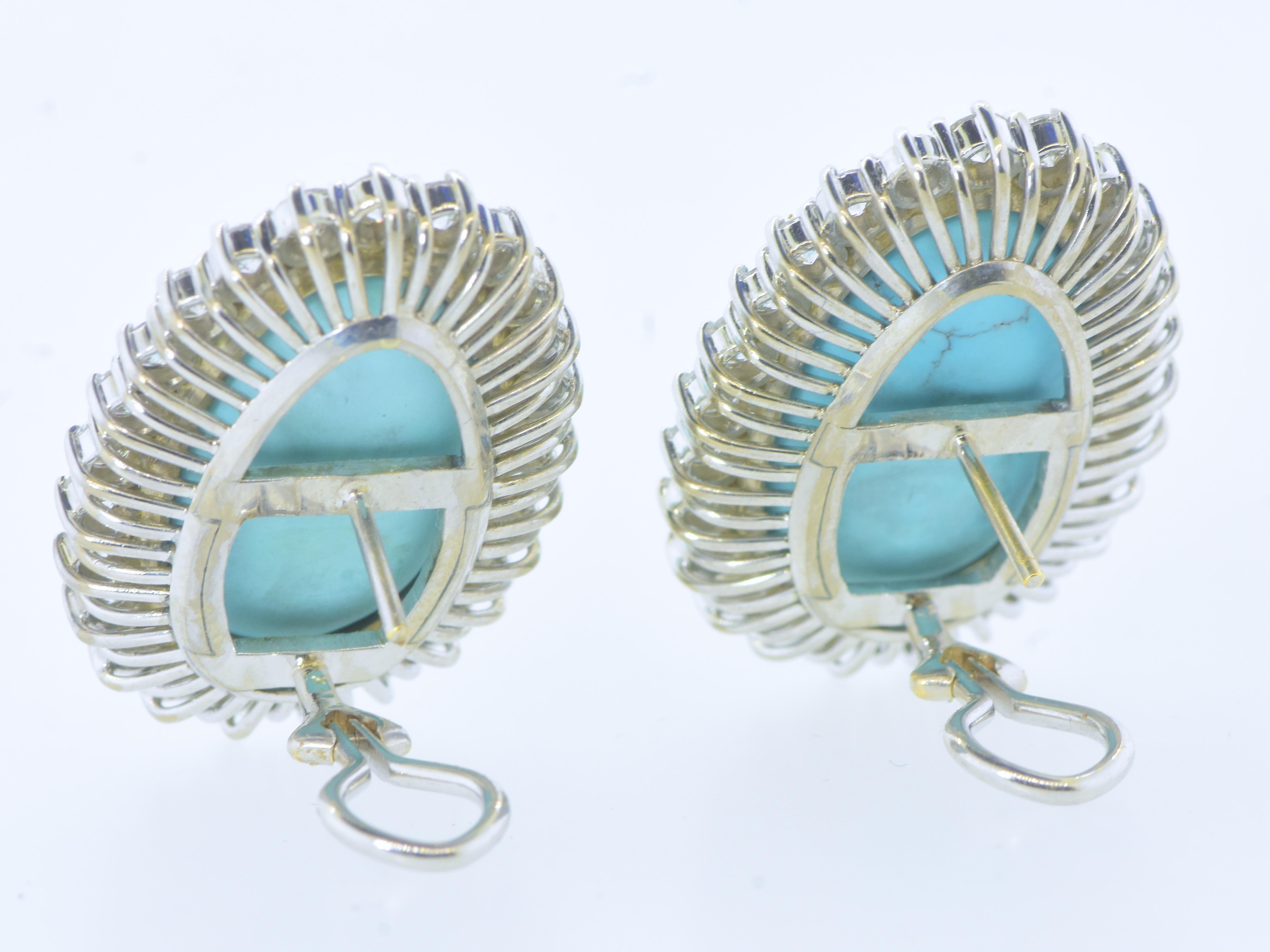 Important Fine Turquoise & 5.19 cts of Diamonds 18K White Gold Vintage Earrings For Sale 2