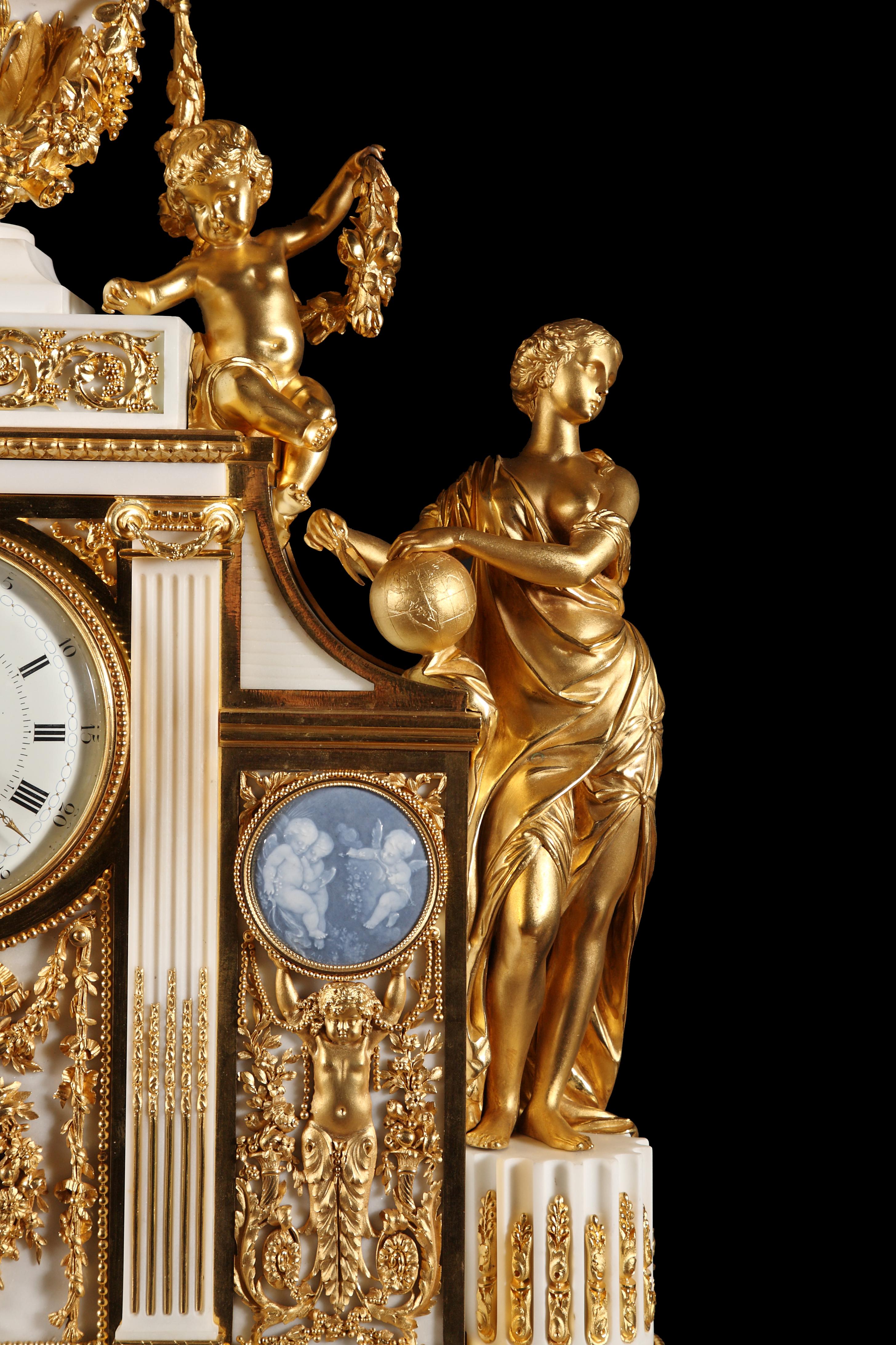 French Important Five Pieces Marble and Gilded Bronze Clock Set, France, Circa 1860 For Sale