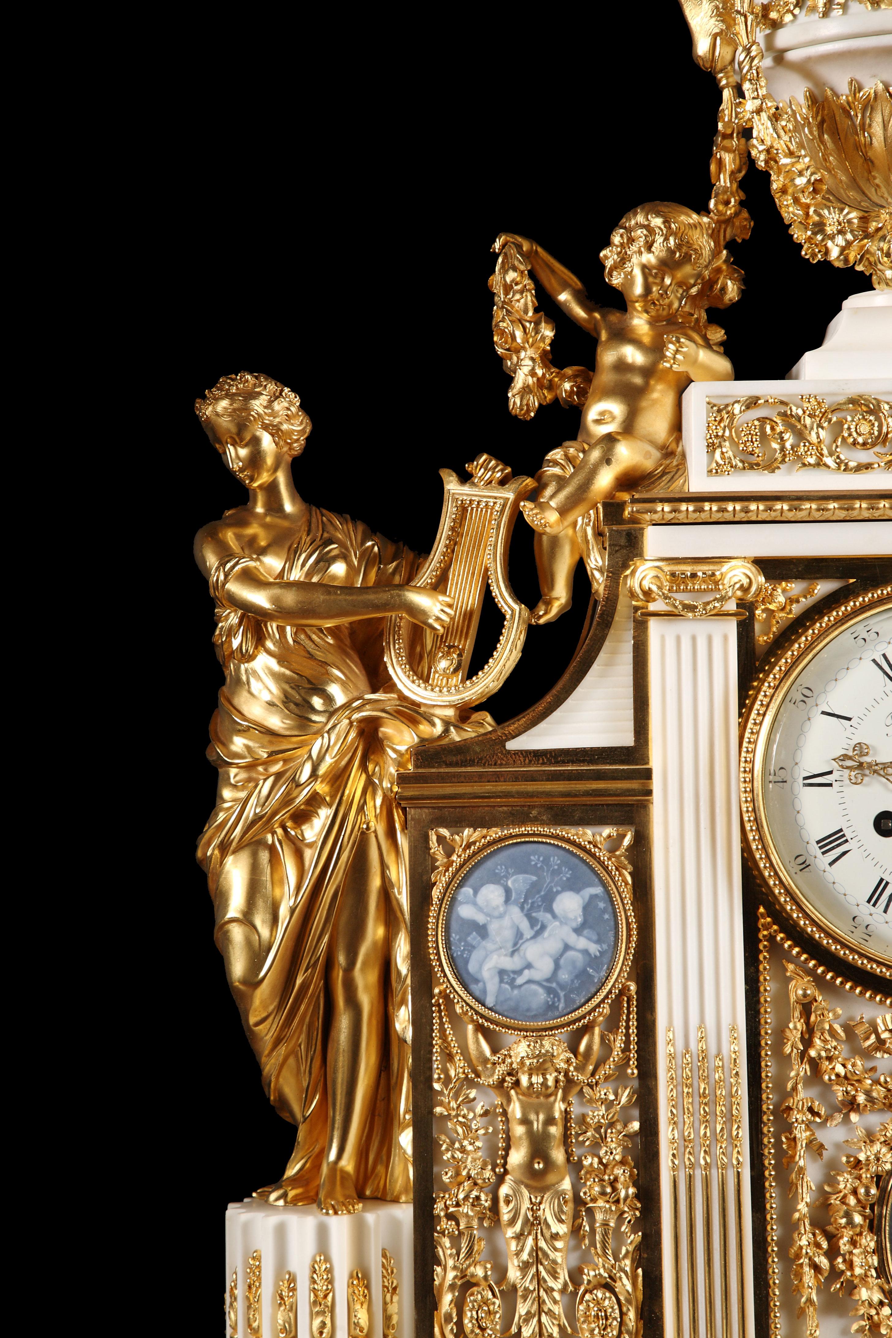 Louis XVI Important Five Pieces Marble and Gilded Bronze Clock Set, France, Circa 1860 For Sale