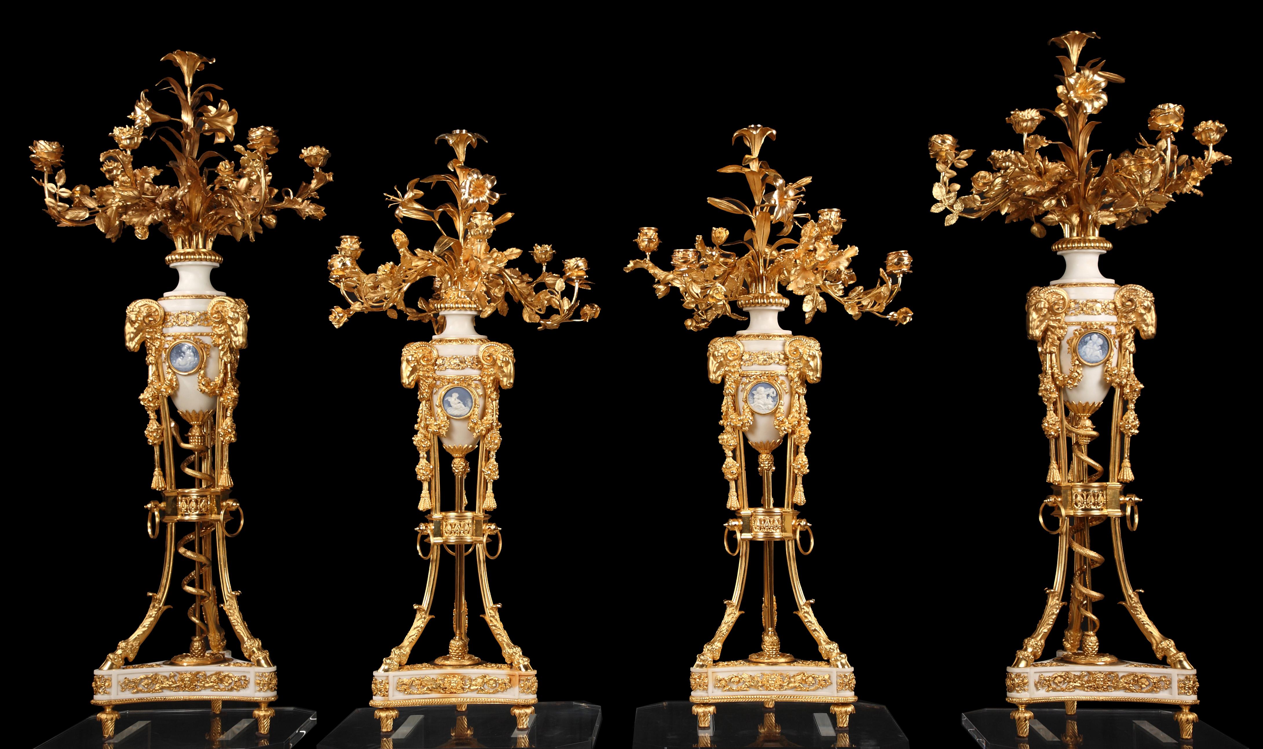 Mid-19th Century Important Five Pieces Marble and Gilded Bronze Clock Set, France, Circa 1860 For Sale