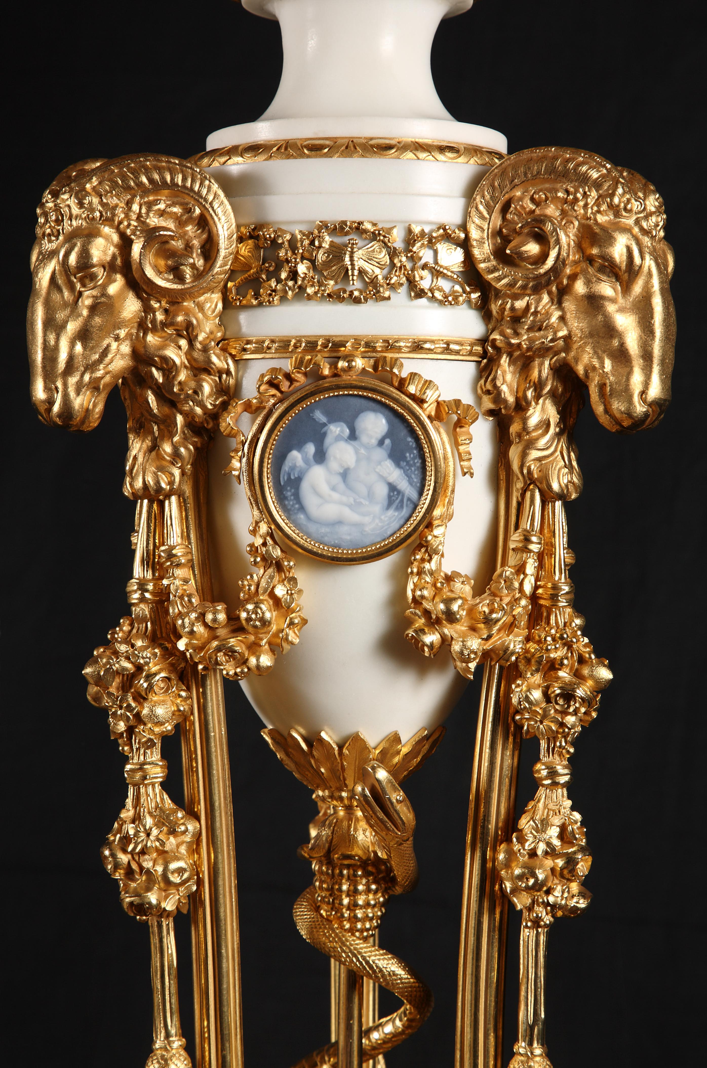 Important Five Pieces Marble and Gilded Bronze Clock Set, France, Circa 1860 For Sale 1