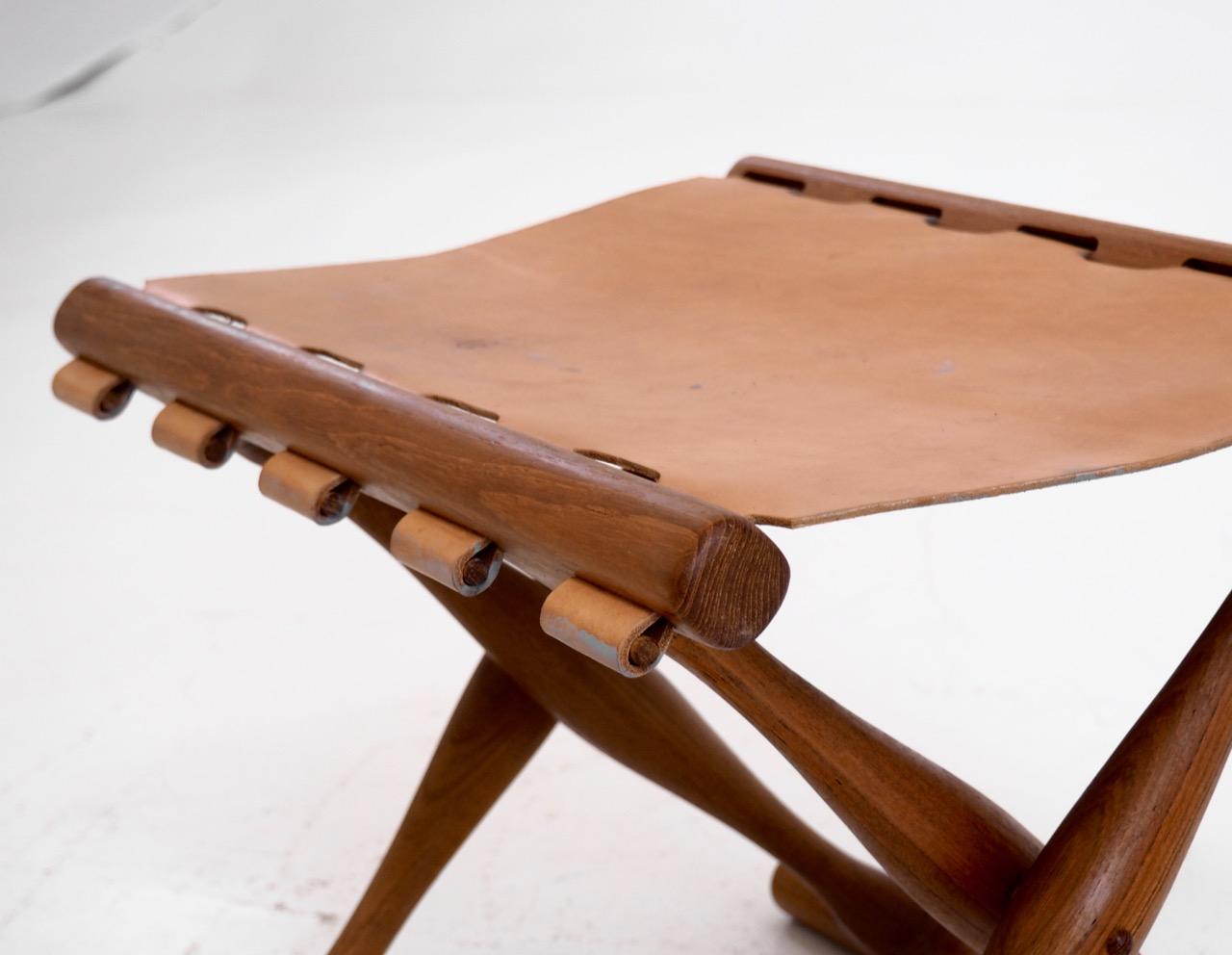 Mid-Century Modern Important Folding Stool by Poul Hundevad in Teak and Leather