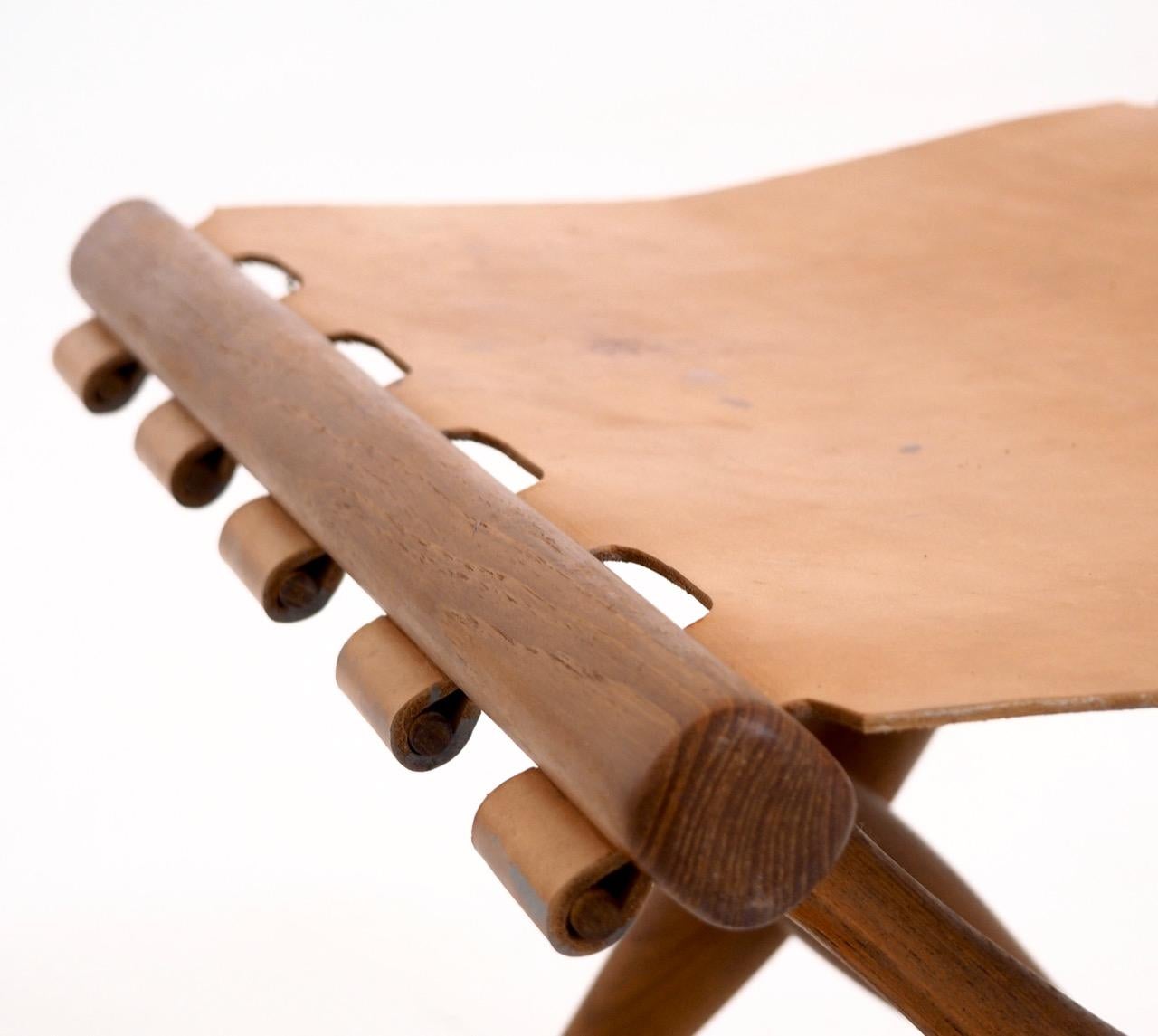 20th Century Important Folding Stool by Poul Hundevad in Teak and Leather