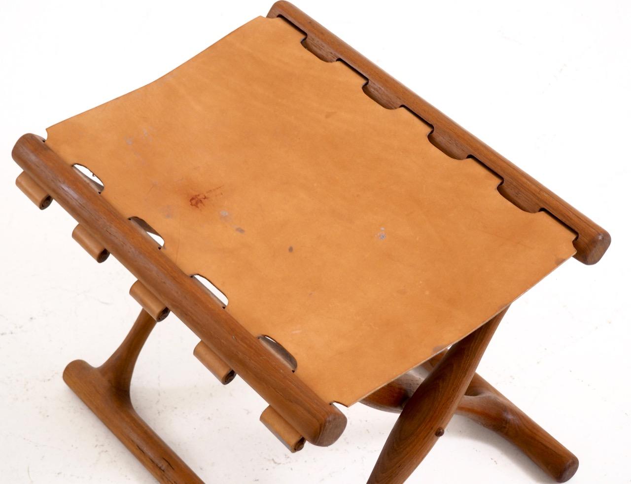 Important Folding Stool by Poul Hundevad in Teak and Leather 1