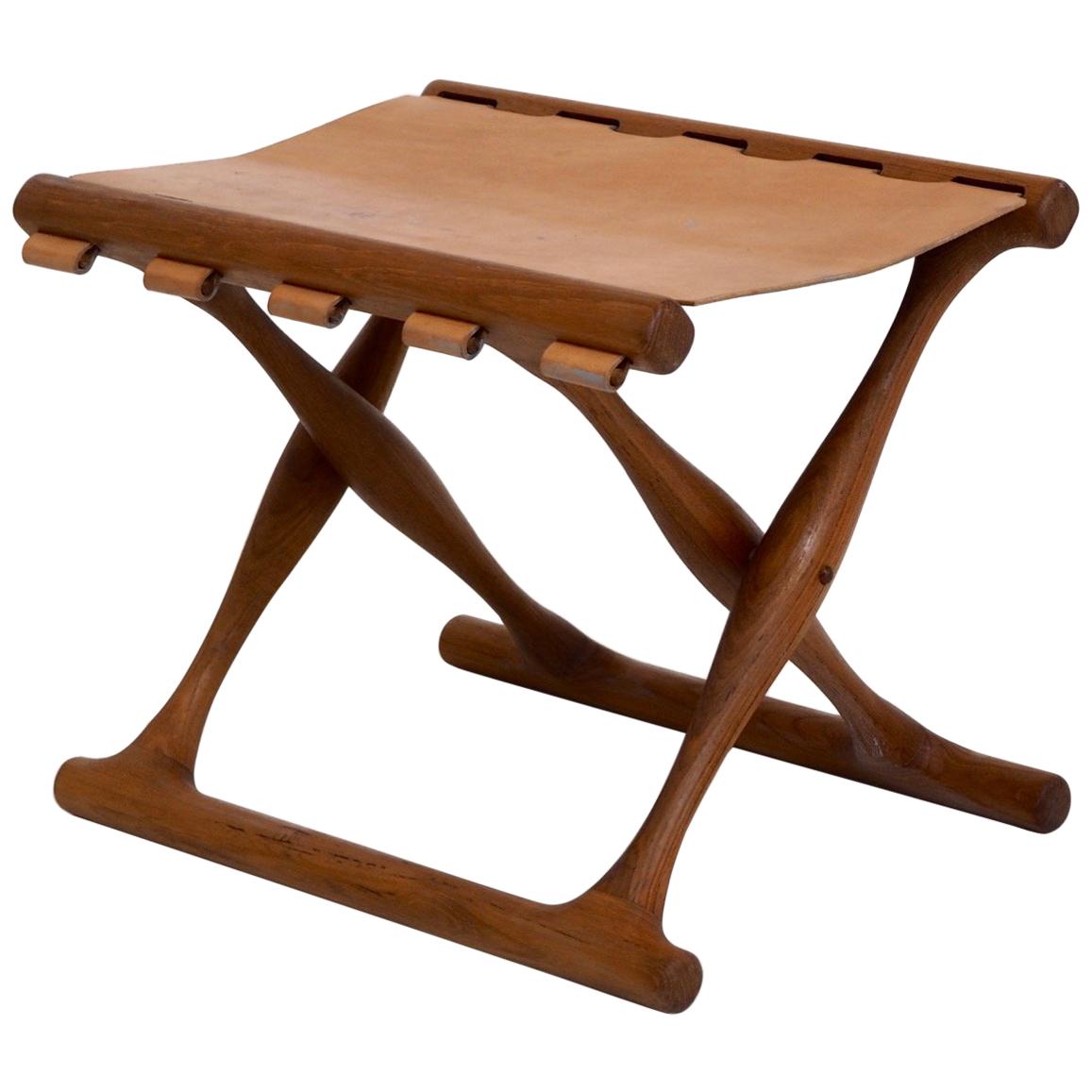 Important Folding Stool by Poul Hundevad in Teak and Leather