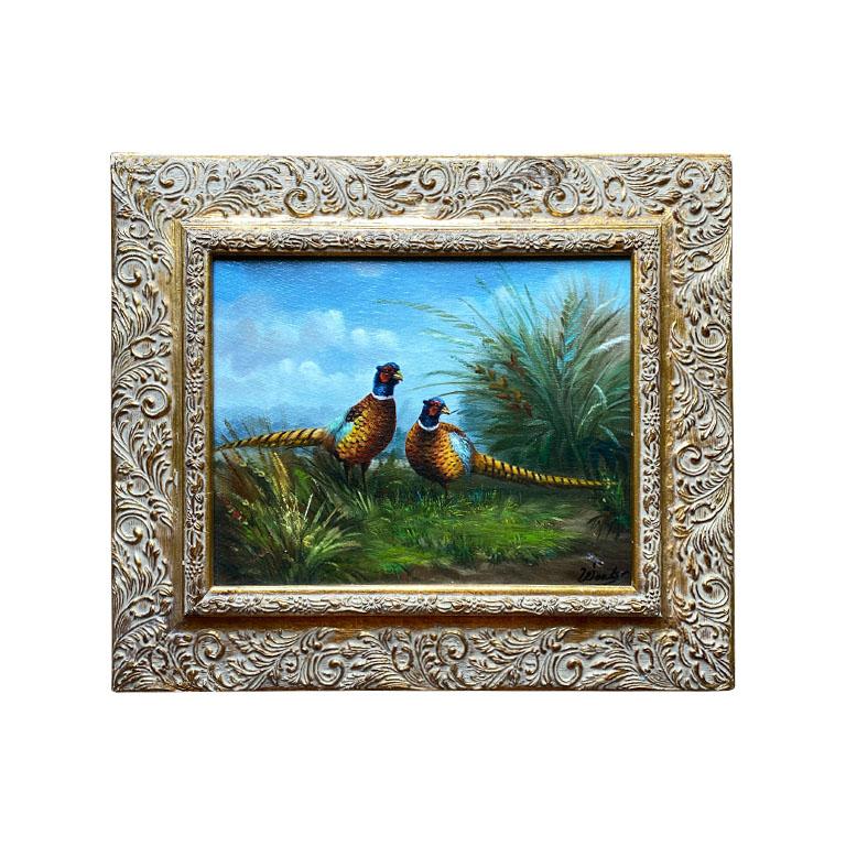 American Important Framed Rectangular Pheasant Painting with Giltwood Gold Frame, Signed