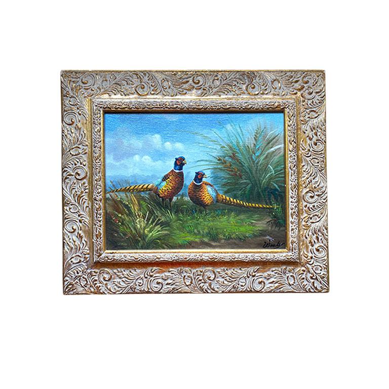 Important Framed Rectangular Pheasant Painting with Giltwood Gold Frame, Signed In Good Condition In Oklahoma City, OK